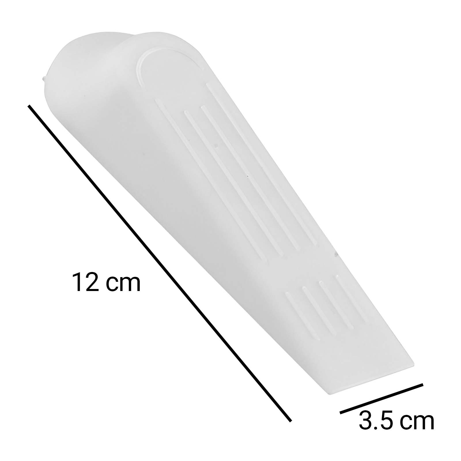 Un cuneo bianco lungo 12 cm e largo 3,5 cm, con scanalature.