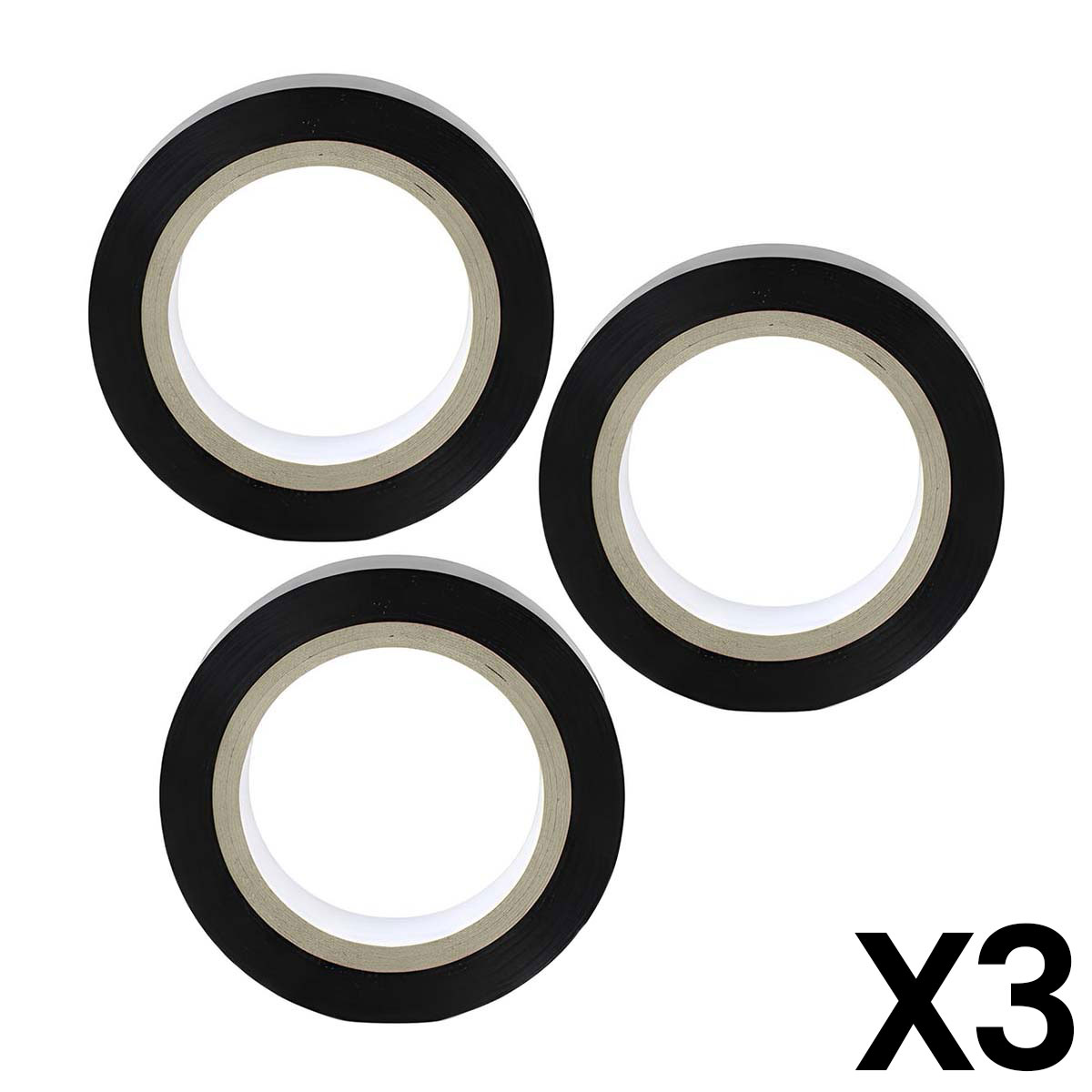 Tre rotoli di nastro adesivo nero su sfondo bianco con "X3".