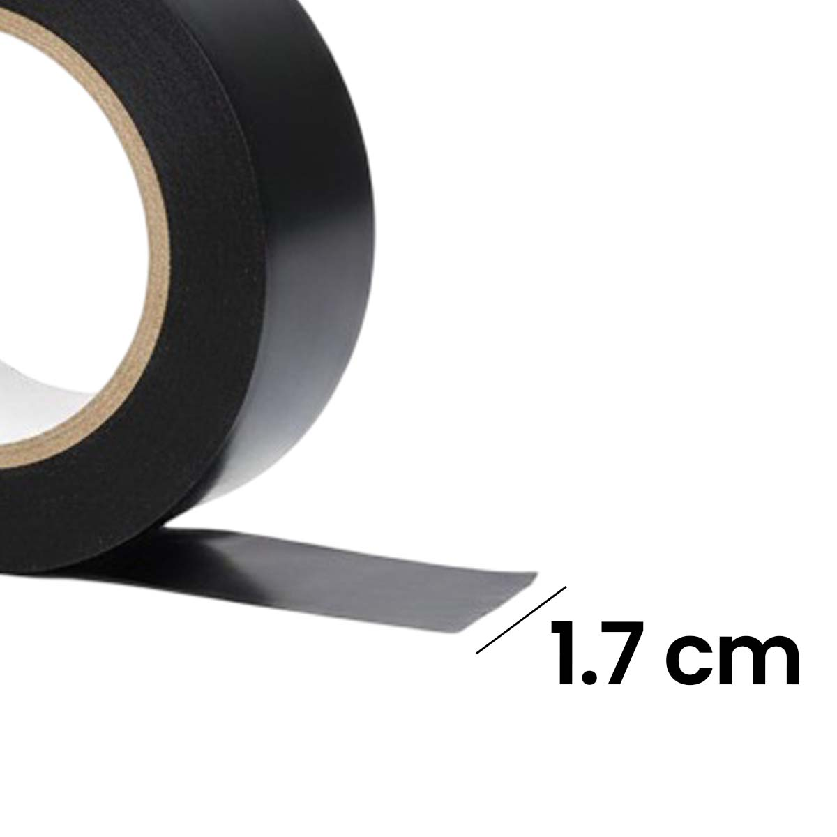 Nastro adesivo nero largo 1,7 cm mostrato su un rotolo.
