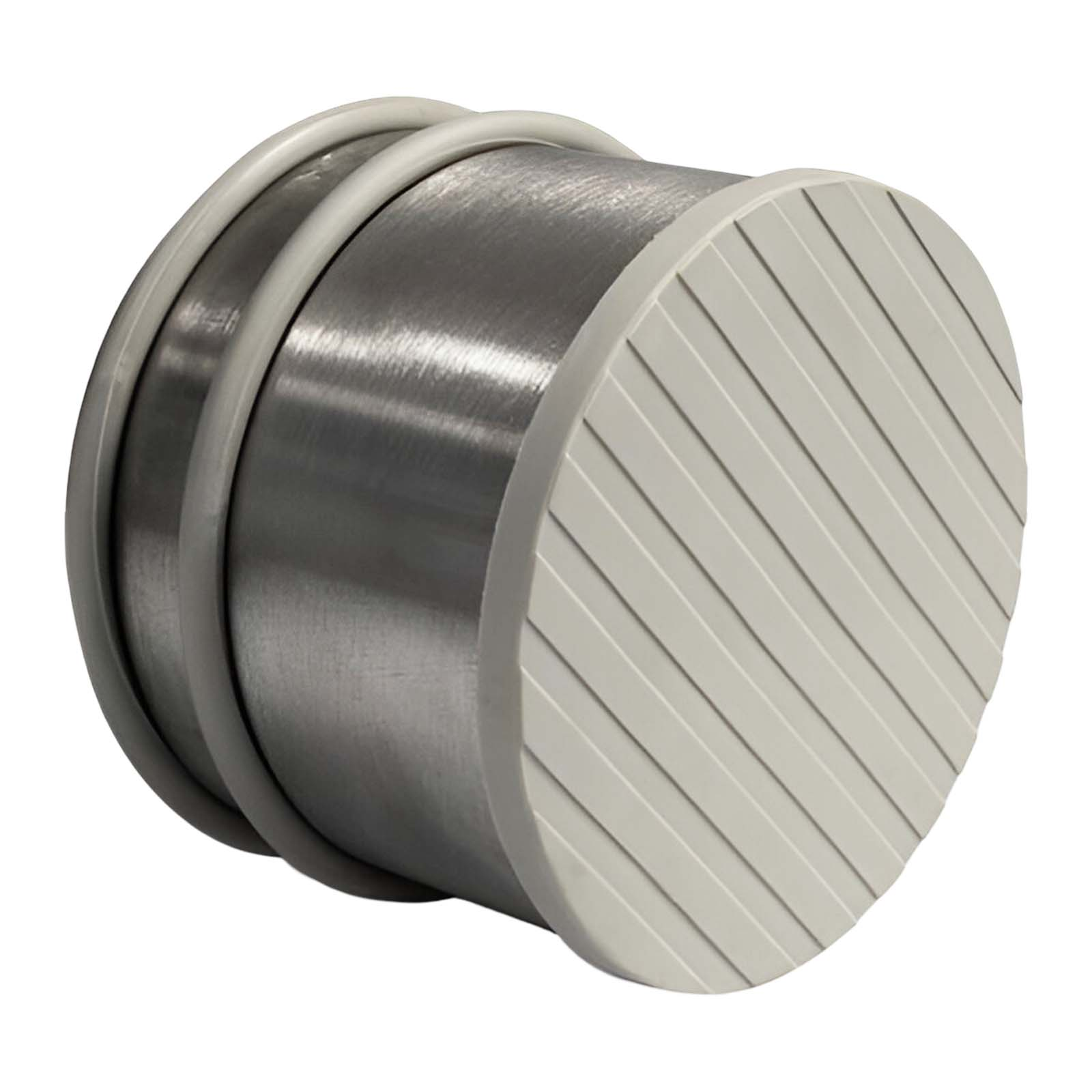 Un cilindro metallico con due fasce bianche e un tappo finale bianco scanalato.