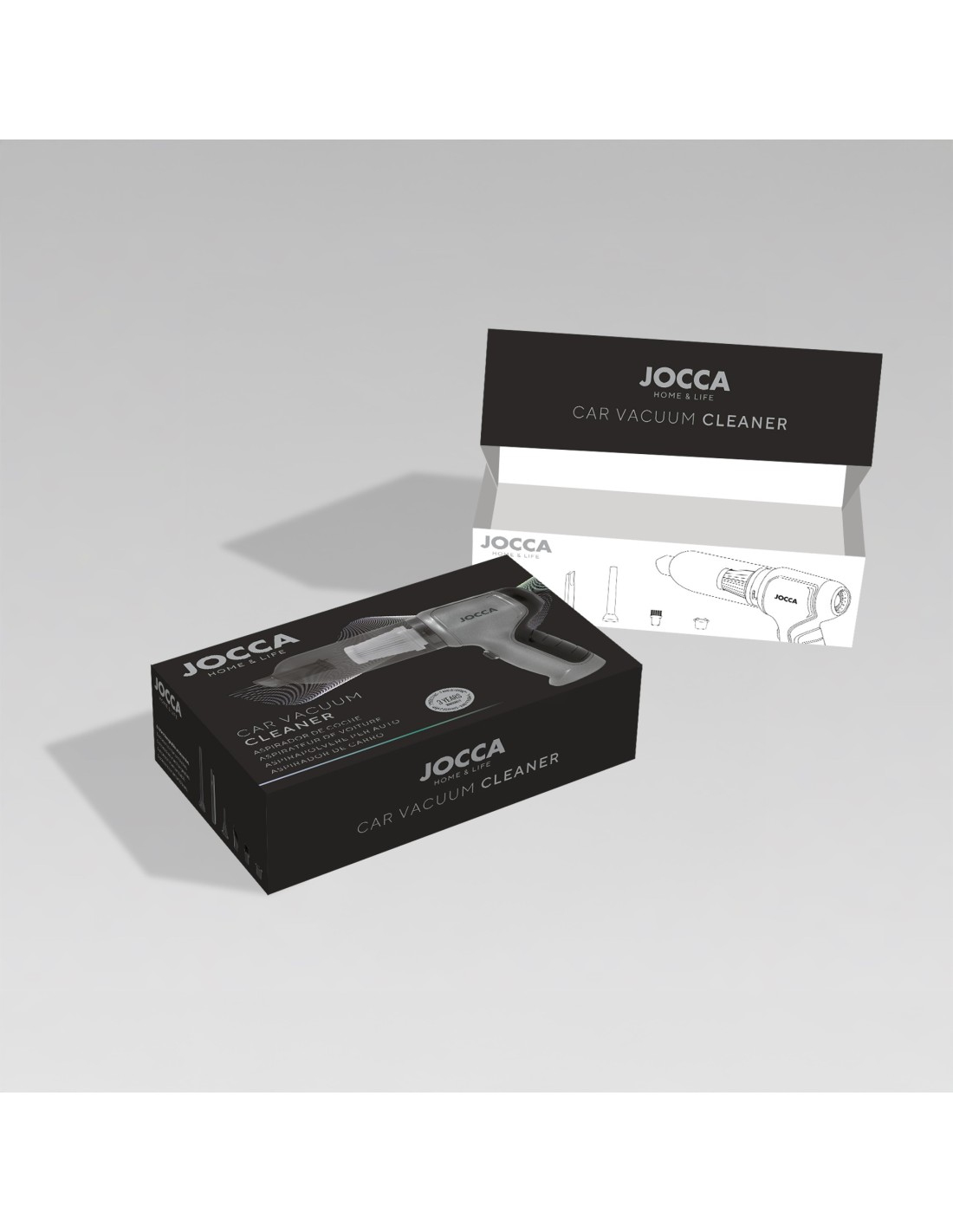 JOCCA Auto-Staubsauger-Box und Display-Ständer. Grauer Sauger auf dunkler Box.