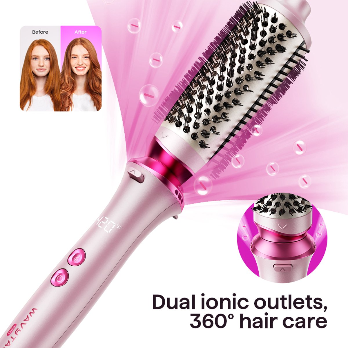 Roze roterende heteluchtborstel met borstelharen en voor/na haarbeelden.