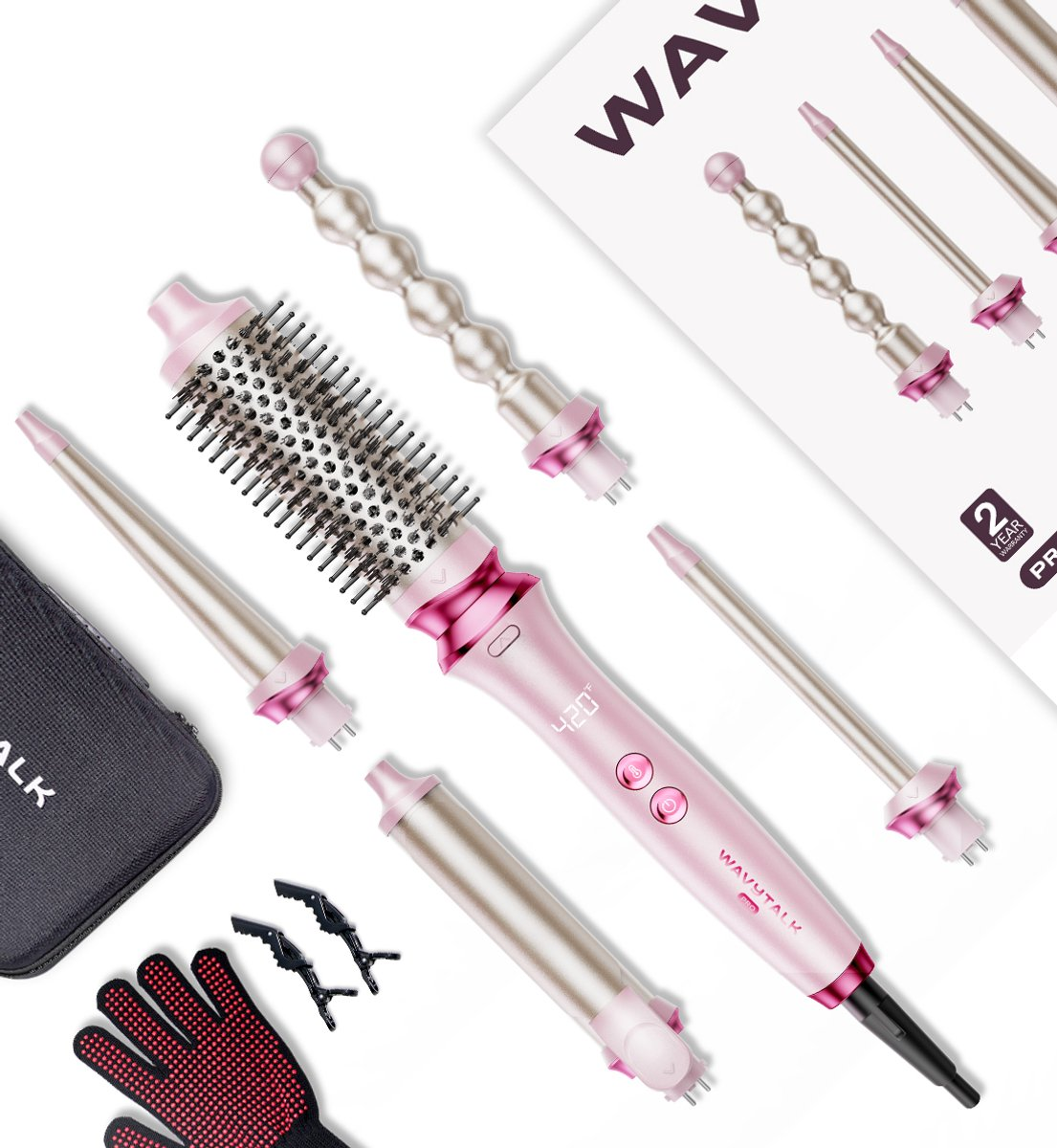 Een roze krultangset met diverse opzetstukken, handschoenen en clips.