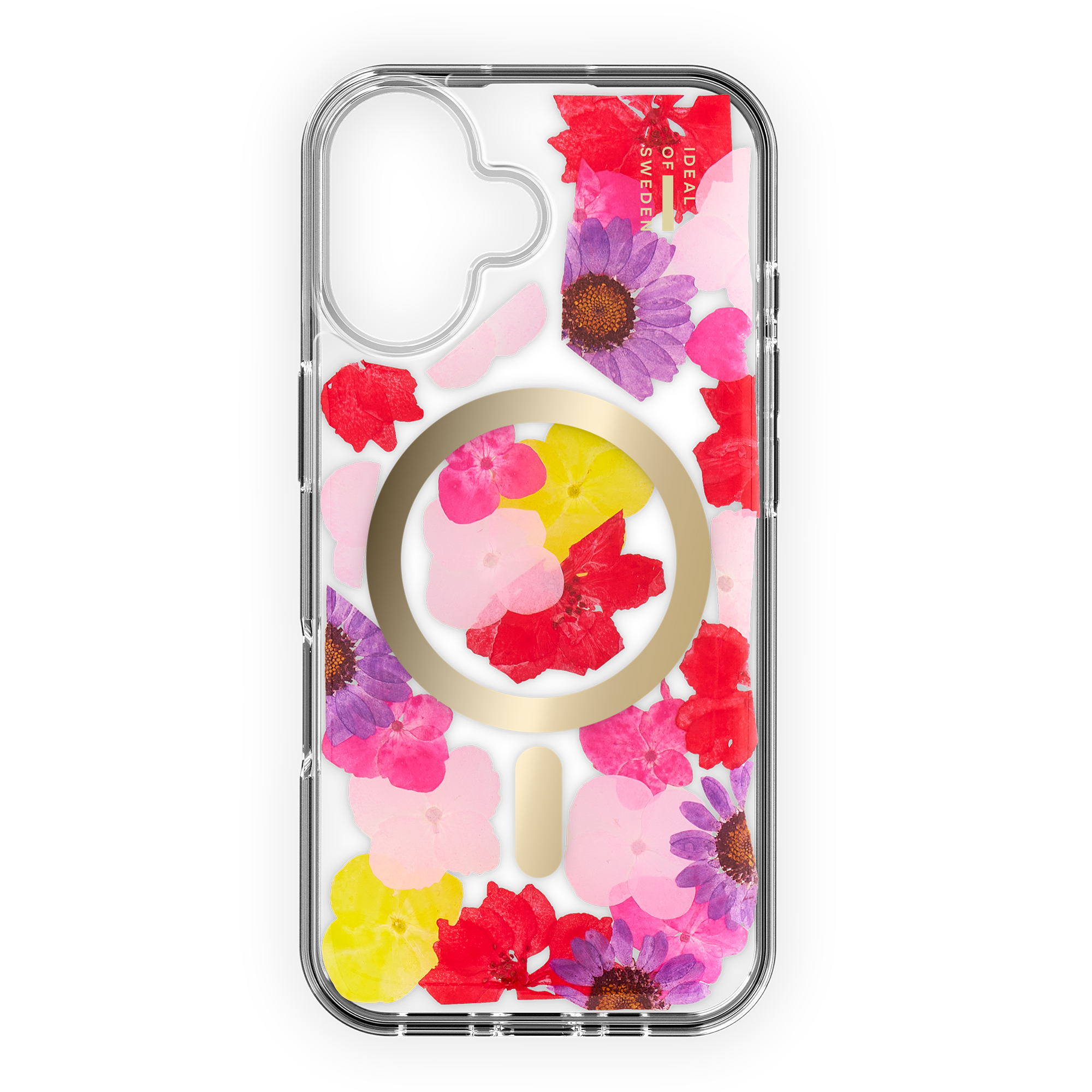 Transparente Handyhülle mit gepressten roten, rosa und violetten Blumen. Mit goldenem Ring.