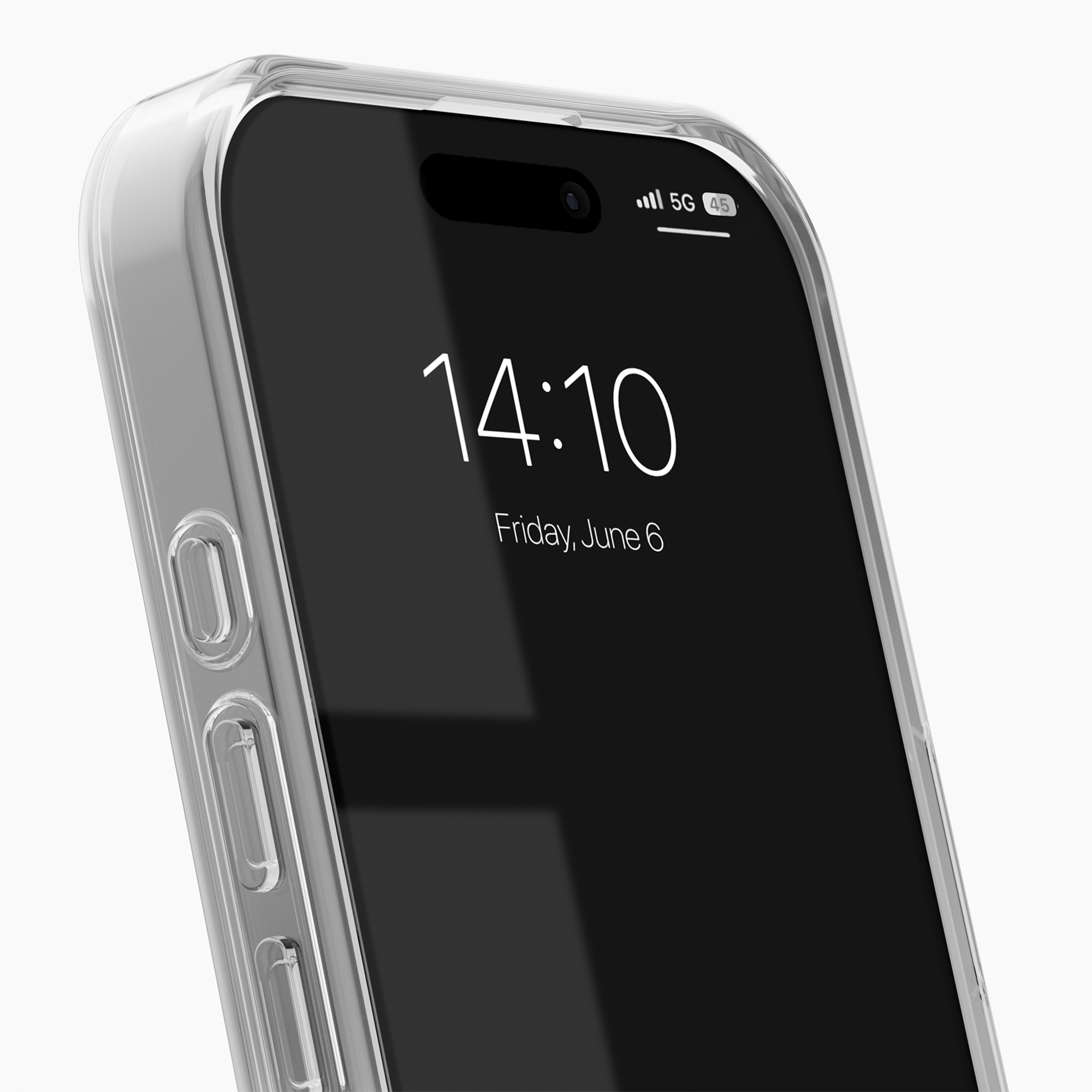 Eine durchsichtige Handyhülle bedeckt ein Smartphone mit der Uhrzeit 14:10 und Freitag, 6. Juni.