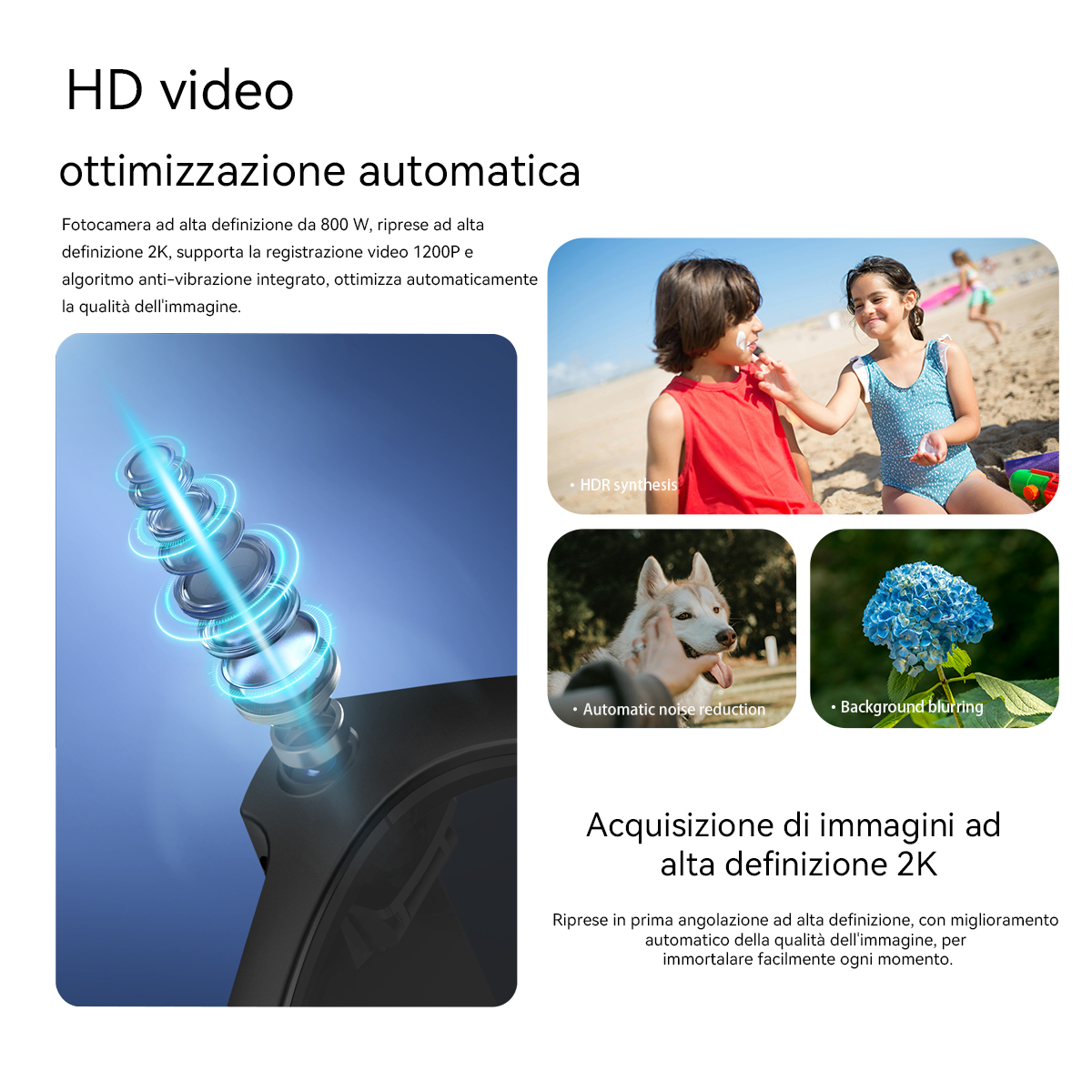 Ottimizzazione video HD con dettaglio lente, bambini in spiaggia, cane e fiore.