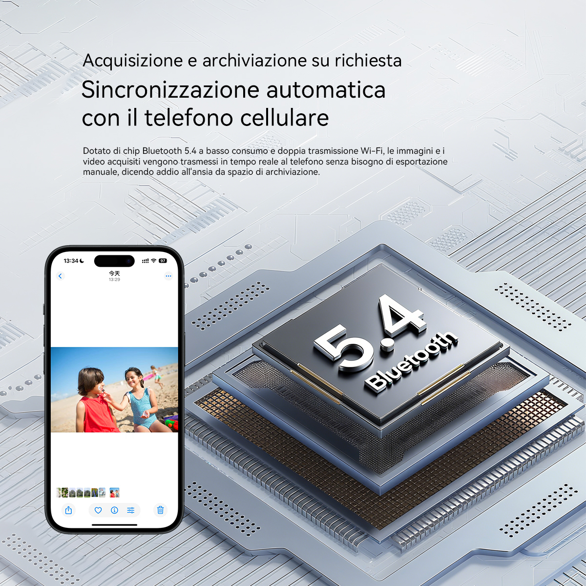 Uno smartphone mostra foto; uno sfondo con chip '5.4 Bluetooth'.