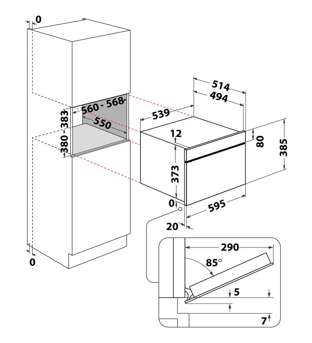 Disegno tecnico di un forno da incasso con dimensioni, viste e misure di installazione.