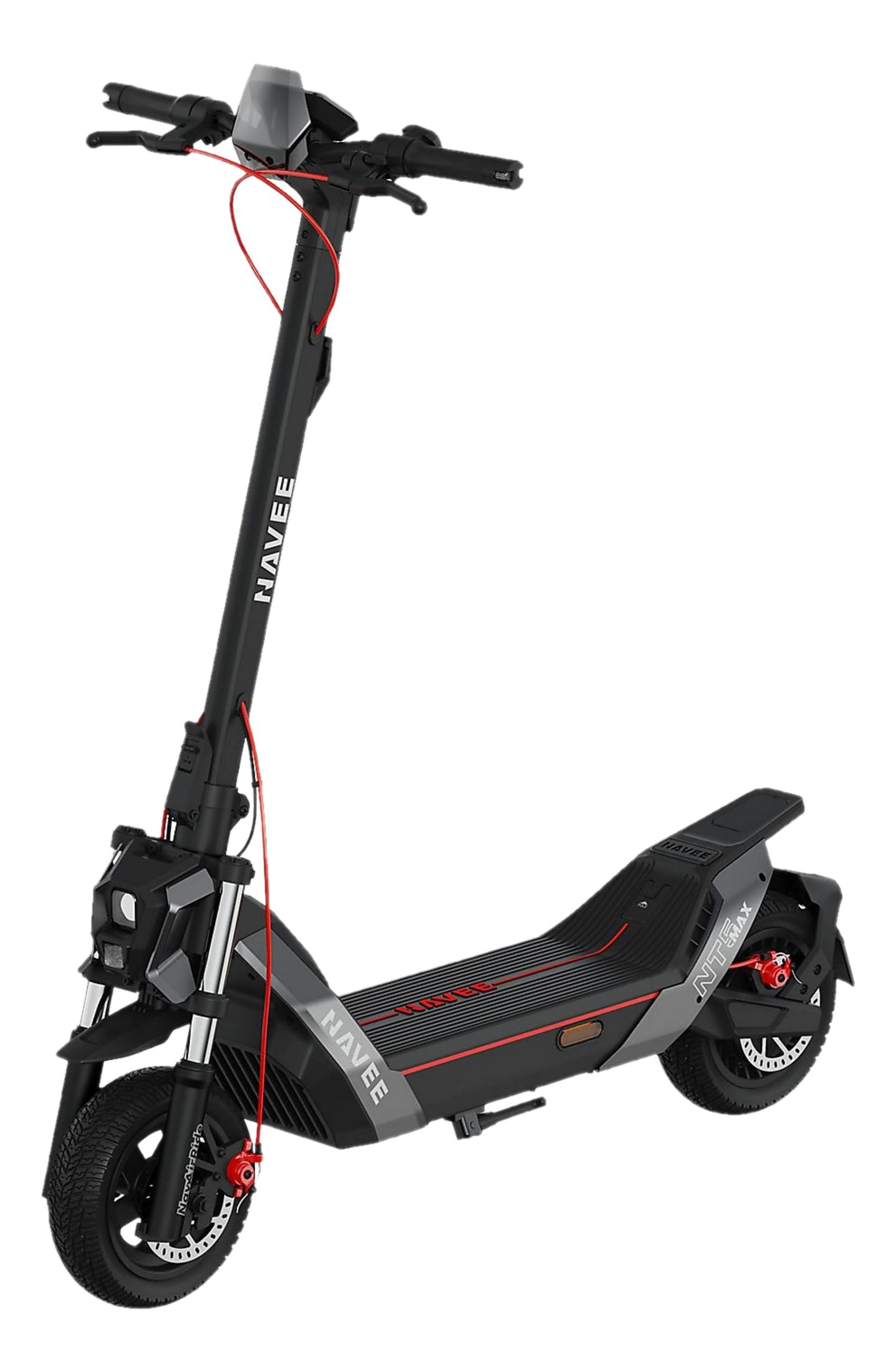 Un monopattino elettrico nero con accenti rossi e marchio NAVEE.