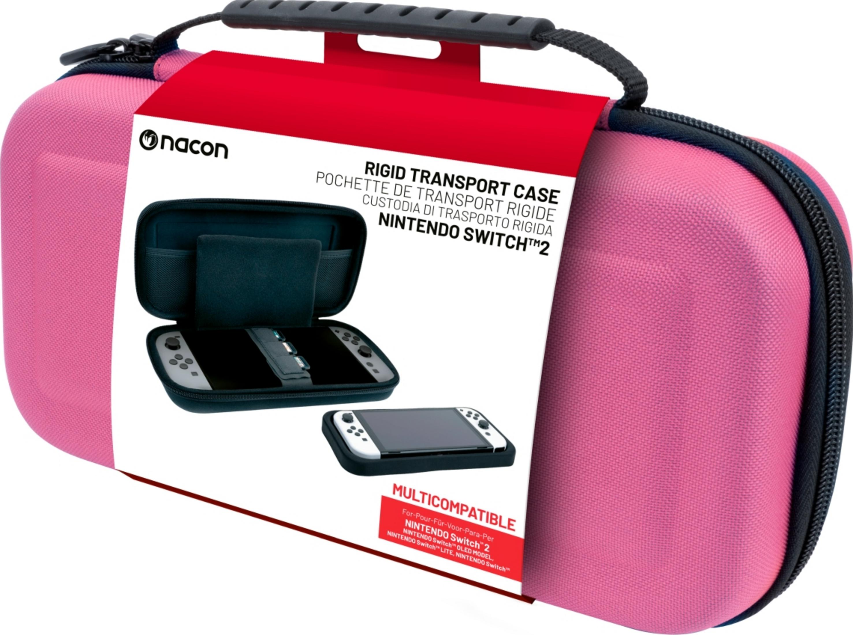 Un estuche rosa Nacon para Nintendo Switch con compartimento abierto.