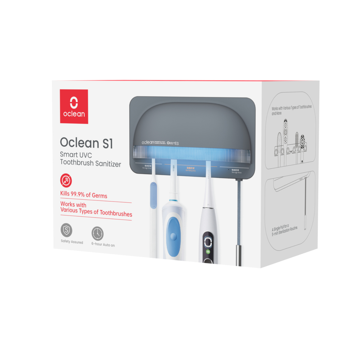 Oclean S1 UVC Zahnbürsten-Desinfektionsgerät mit 3 Zahnbürsten.