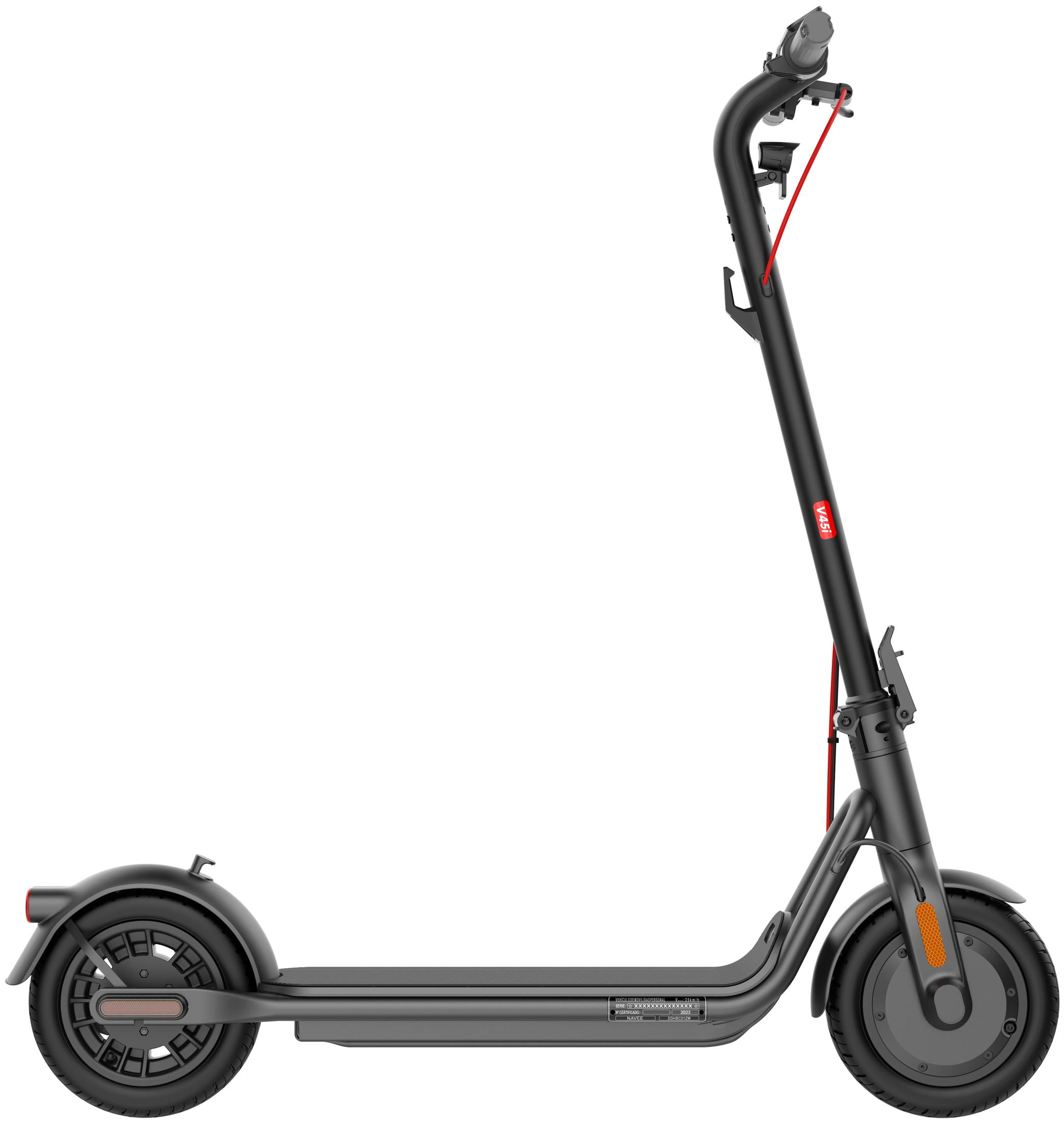 Uno scooter elettrico nero con accenti rossi, vista laterale.
