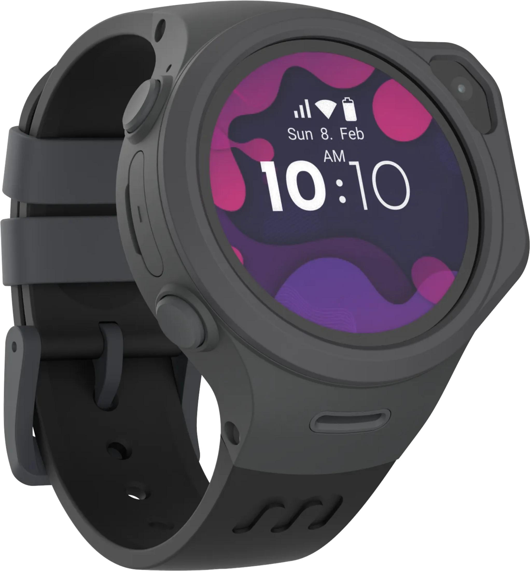 Graue Smartwatch mit rundem Display, zeigt Zeit und Datum an.