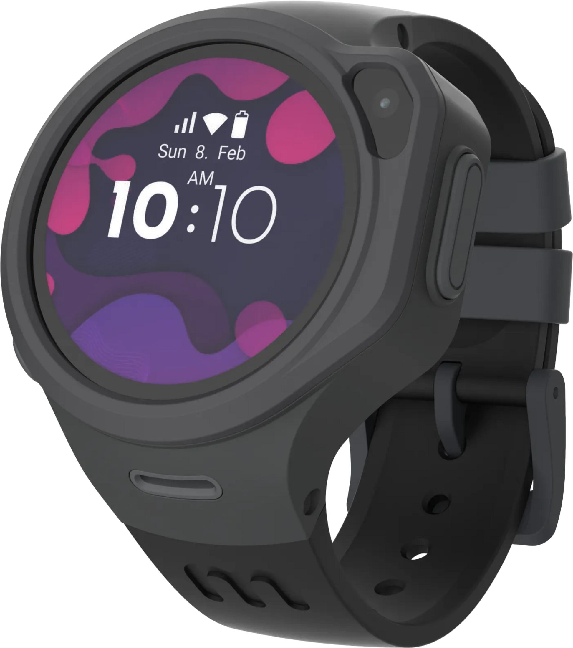 Eine graue Smartwatch mit buntem Zifferblatt, das 10:10 Uhr anzeigt.