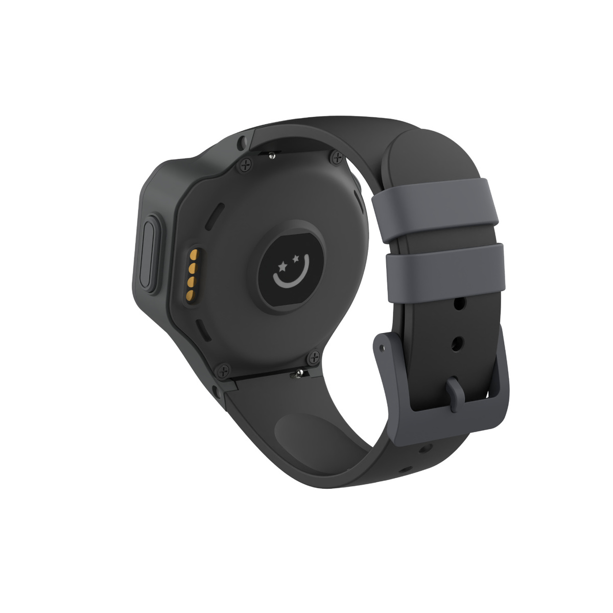 Rückansicht einer schwarzen Smartwatch mit grauem Armband und Ladekontakten.