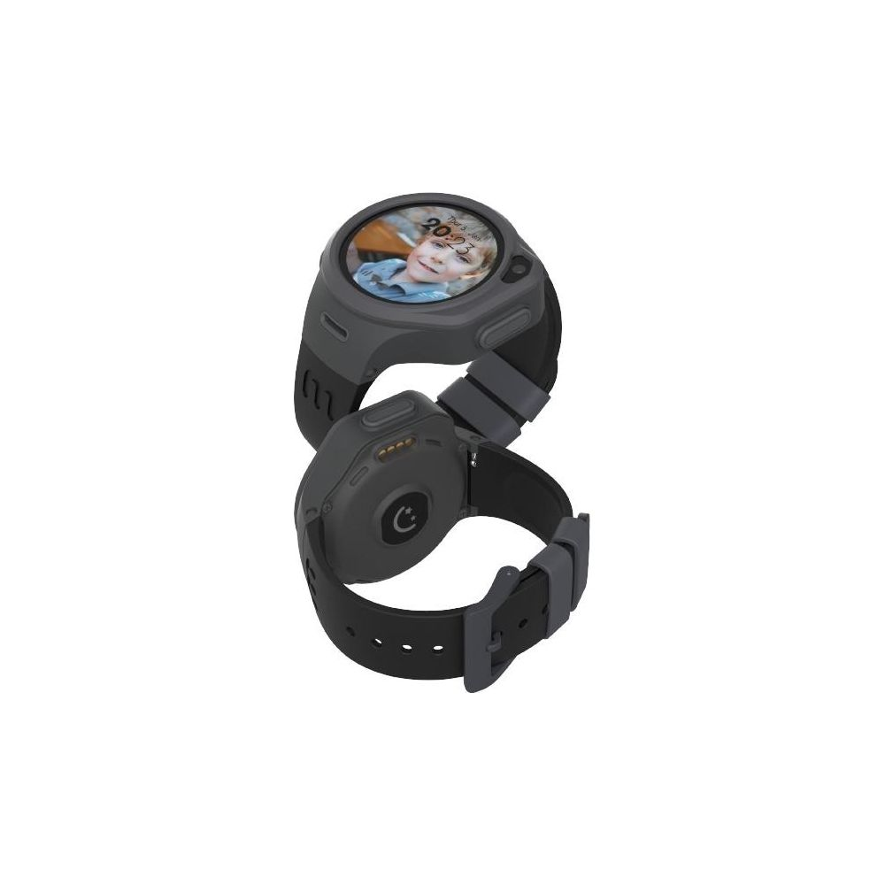 Graue Smartwatch mit Schwarz, zeigt ein Bild eines Jungen. Rückseite mit Ladekontakten.