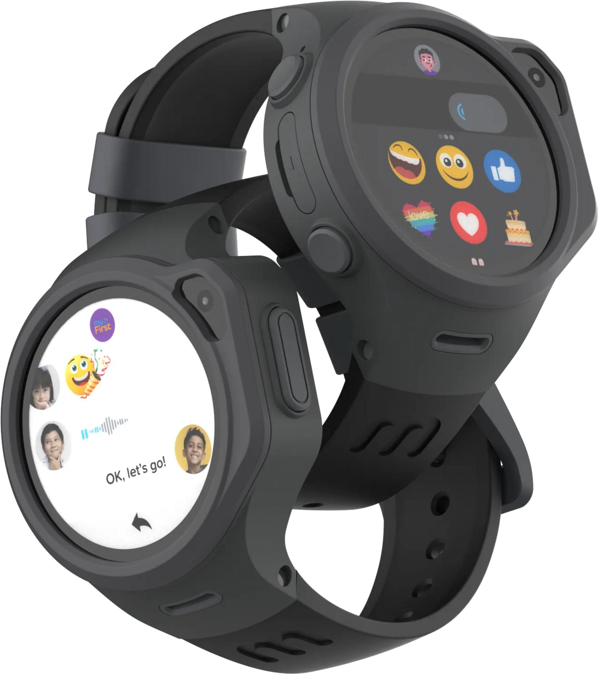 Zwei dunkelgraue Smartwatches mit bunten Emoji-Displays und Kindergesichtern.
