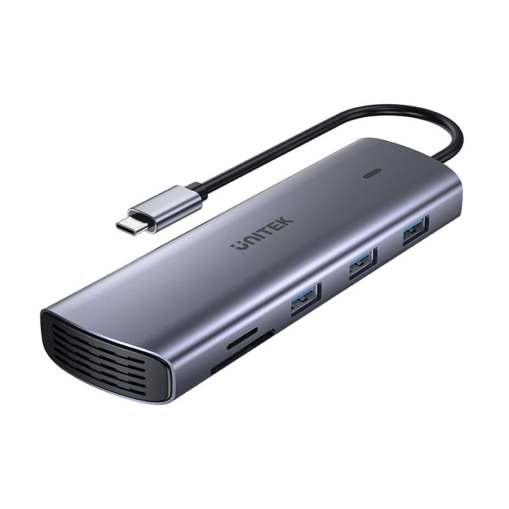 Szary hub USB-C z wieloma portami i kablem ładującym.