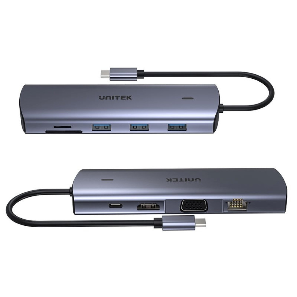 Dwa szare huba USB-C z portami: karta SD, USB-A, USB-C, VGA, Ethernet.