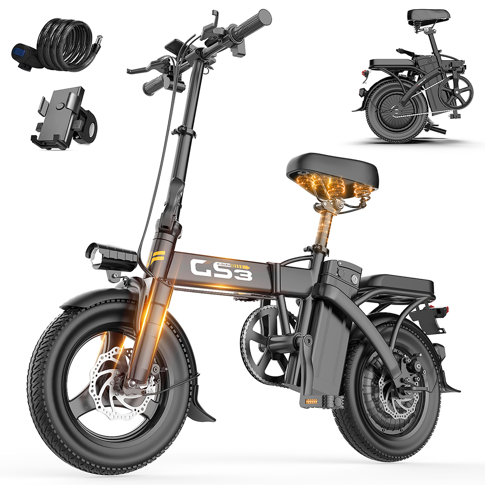 Una bicicleta eléctrica plegable negra con acentos naranjas y accesorios.