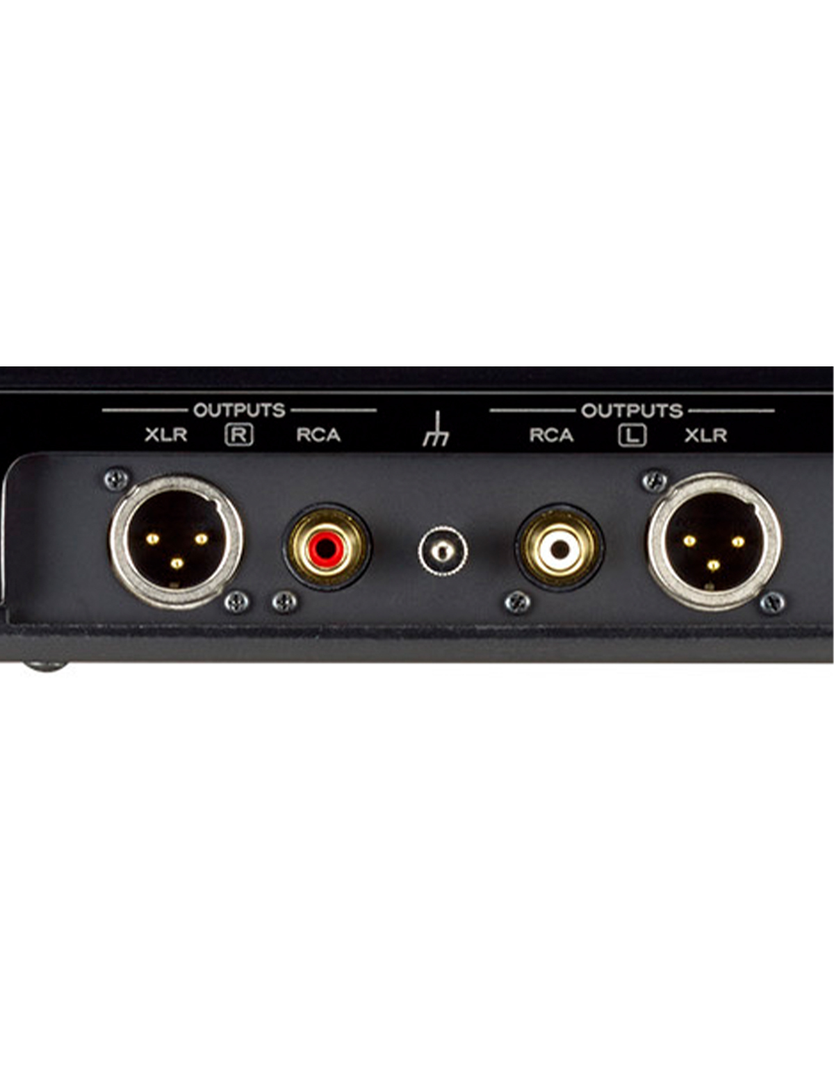Geräterückseite mit XLR- und RCA-Ausgängen, links R und rechts L.