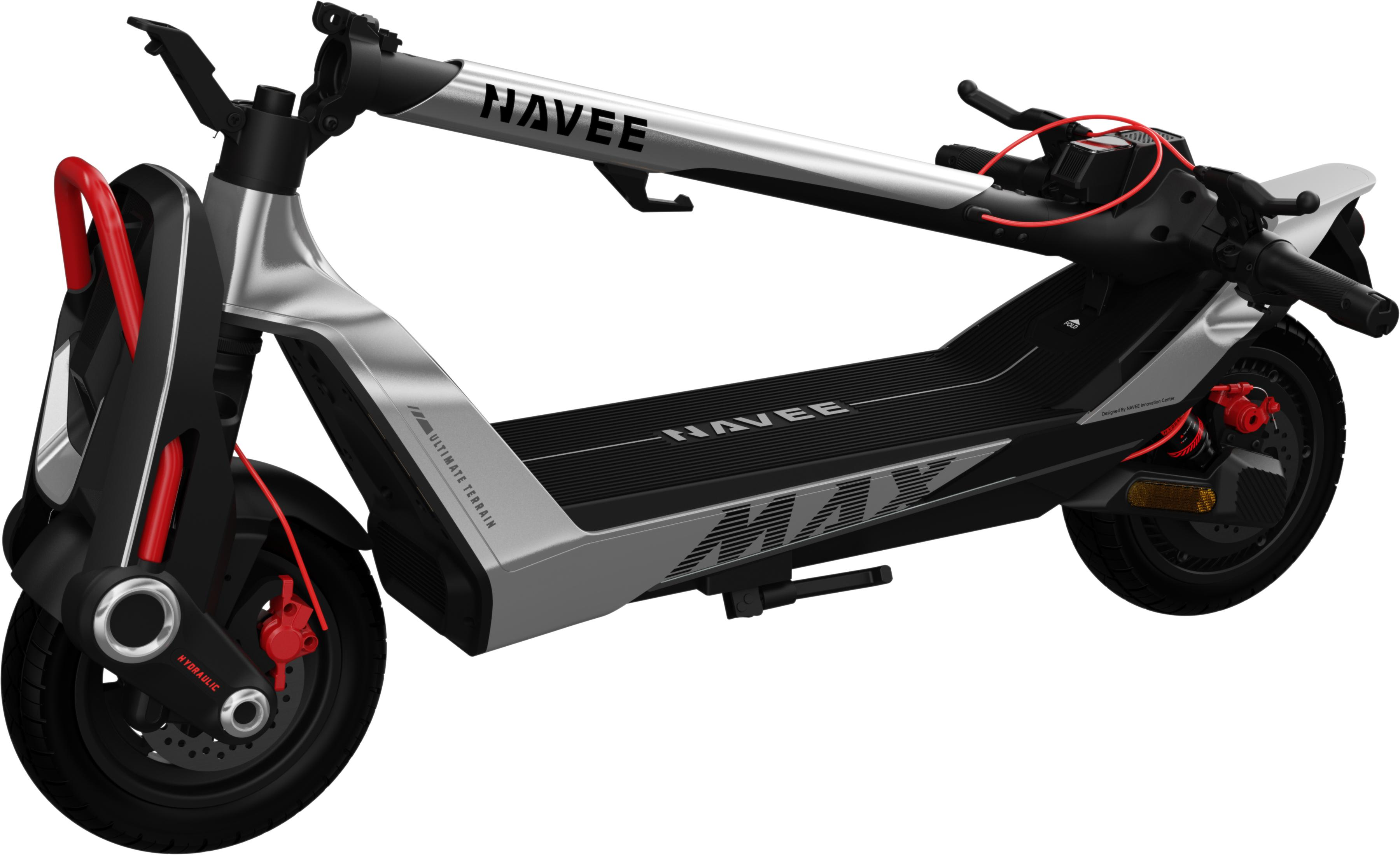 Un e-scooter NAVEE argenté et noir avec des accents rouges, des freins hydrauliques et le texte "ULTIMATE TERRAIN".
