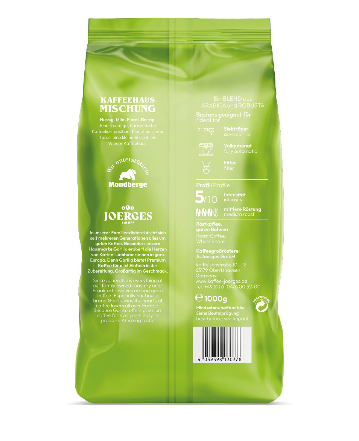 Grüne Kaffeeverpackung mit Text und Barcode. 1000g Inhalt.
