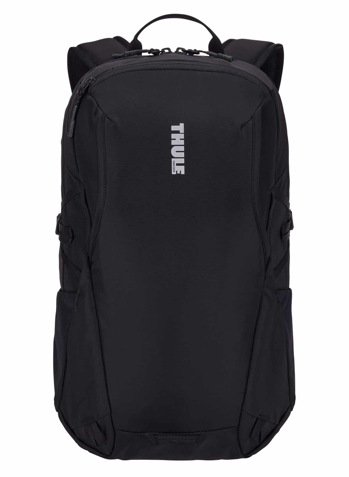 Schwarzer Rucksack mit Thule-Logo.
