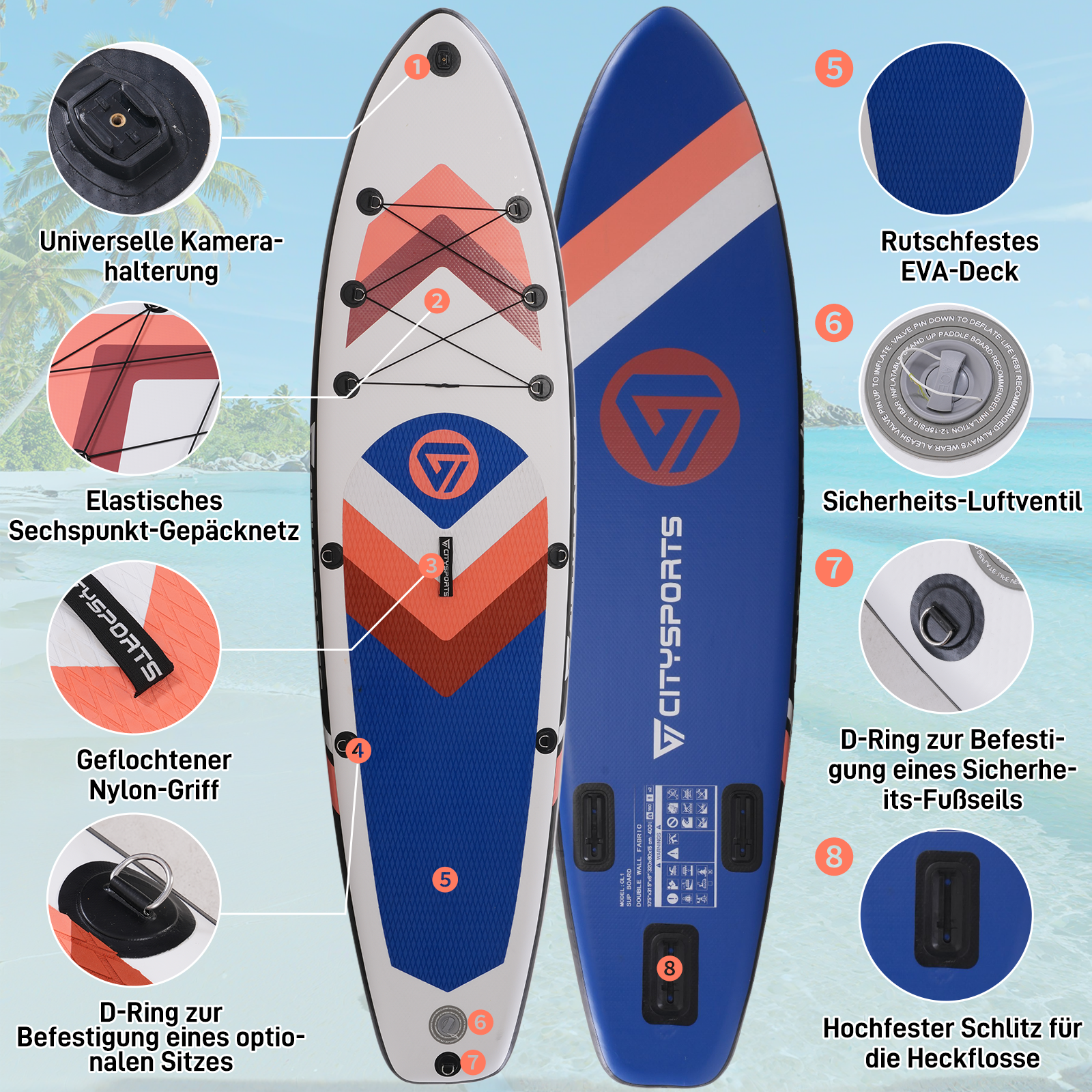 Planche de paddle gonflable avec accessoires, vue avant et arrière.
