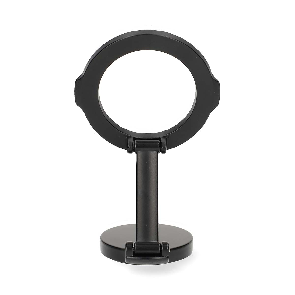 Een zwarte cirkelvormige houder met een steel en een ronde basis.
