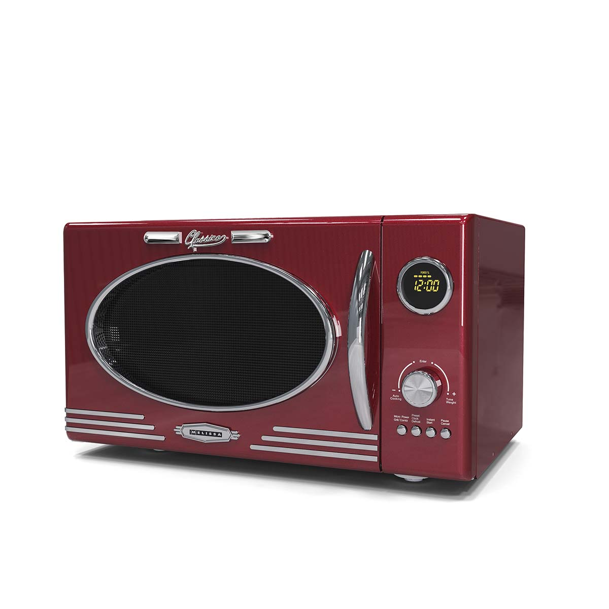 Eine rote Mikrowelle im Retro-Look mit einem ovalen schwarzen Lautsprechergrill.