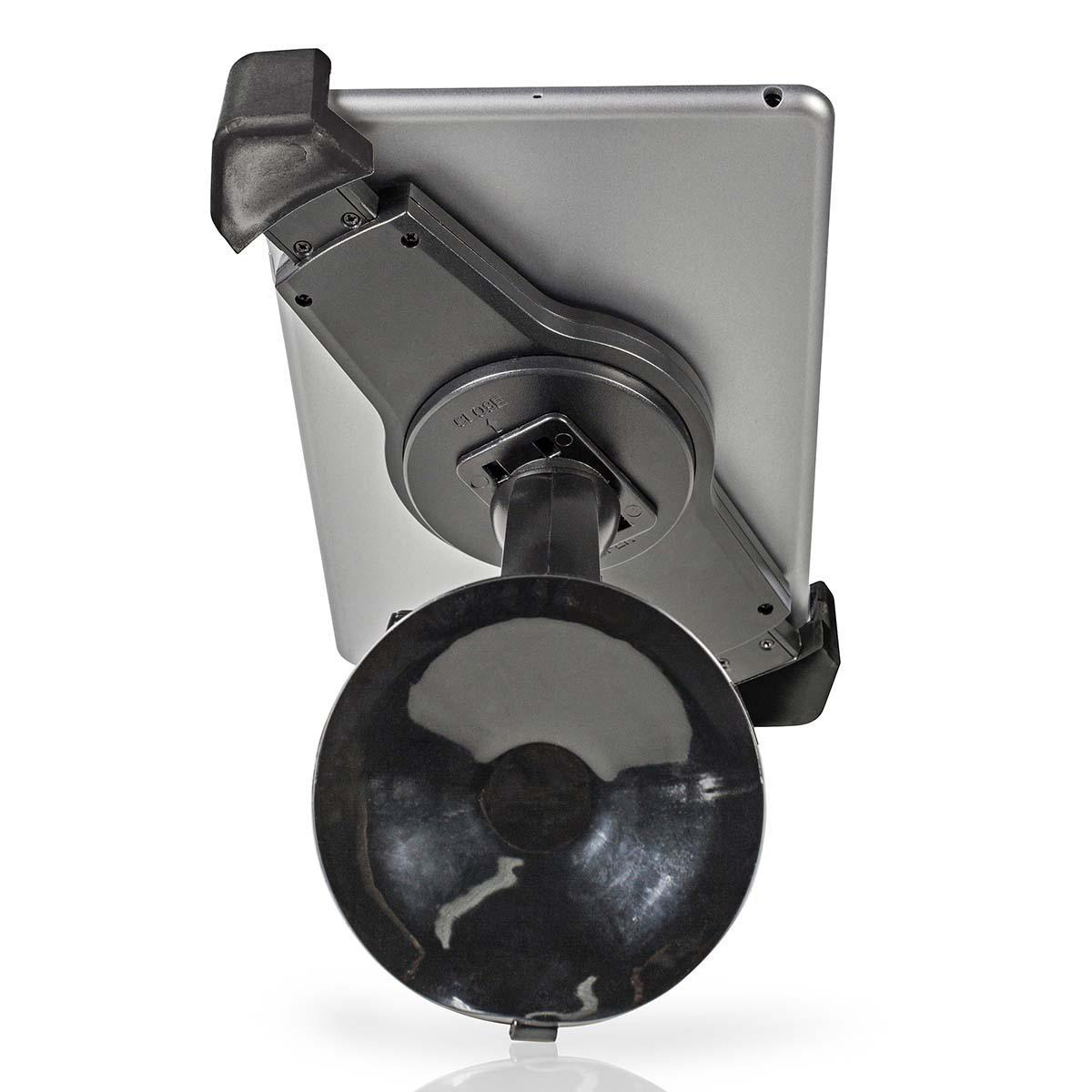 Silbernes Tablet auf einem schwarzen, verstellbaren Arm mit Saugnapffuß.