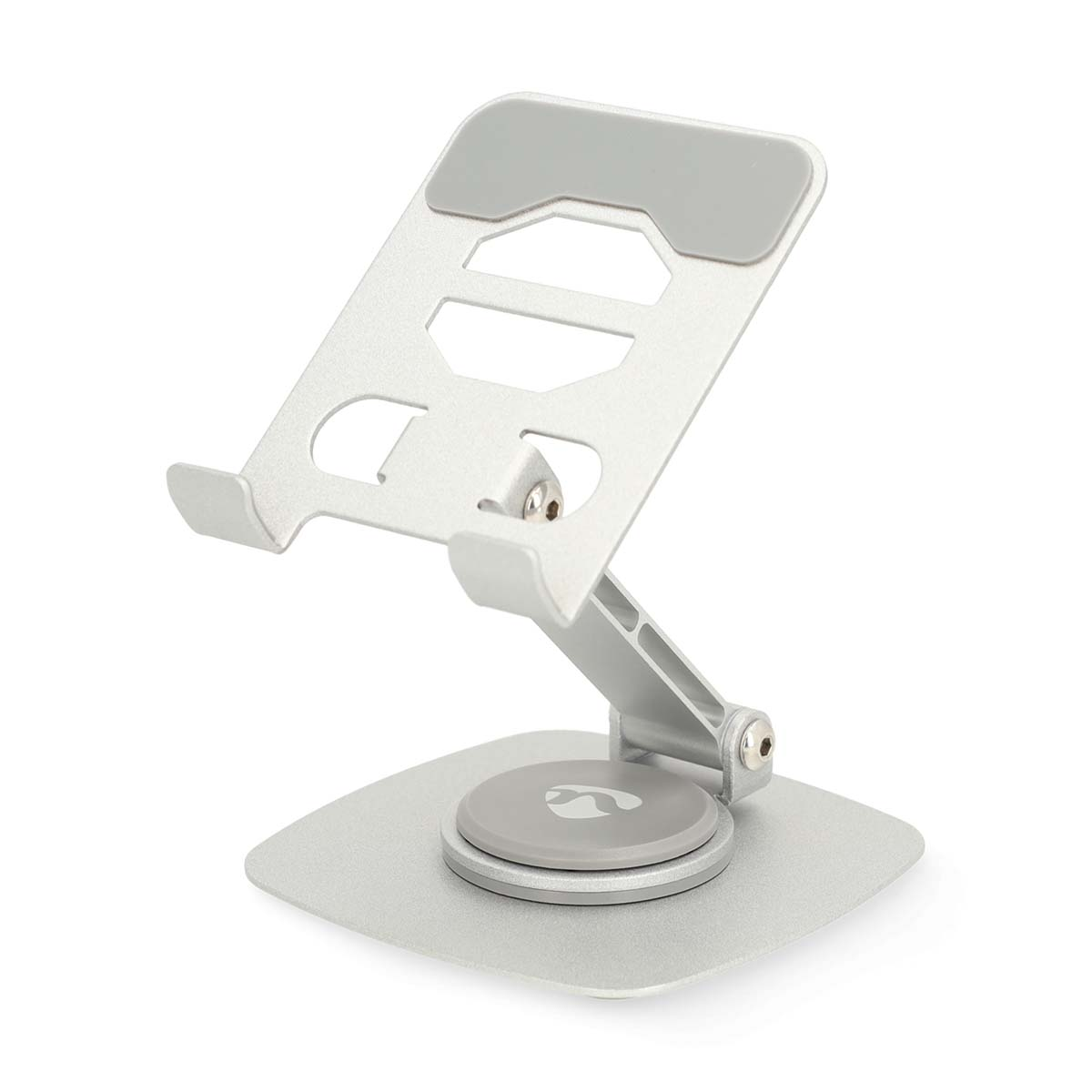 A silver laptop stand with an adjustable arm and a rotating base.