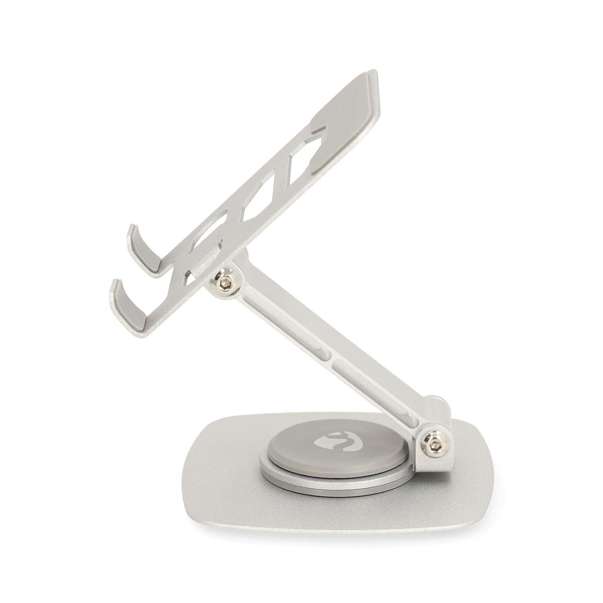 A silver adjustable stand for a tablet or phone, set against a white background.