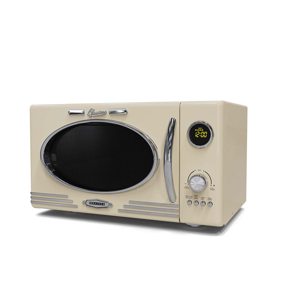 Ein cremefarbene Retro-Mikrowelle mit silbernen Akzenten und einem digitalen Display.