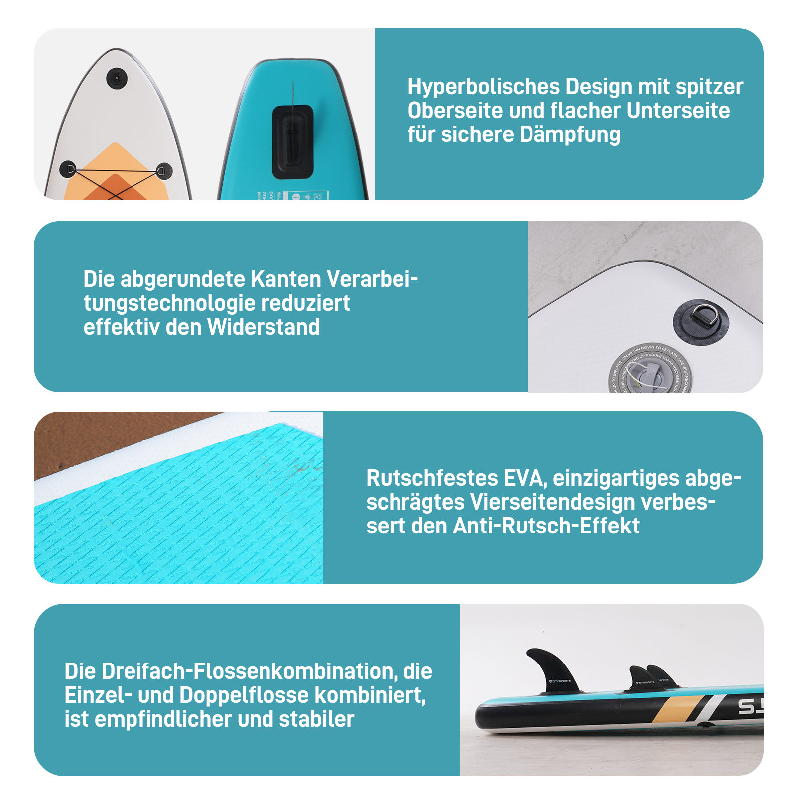 Aufblasbares SUP-Board mit hyperbolischem Design, abgerundeten Kanten, rutschfestem EVA und dreifachen Finnen.