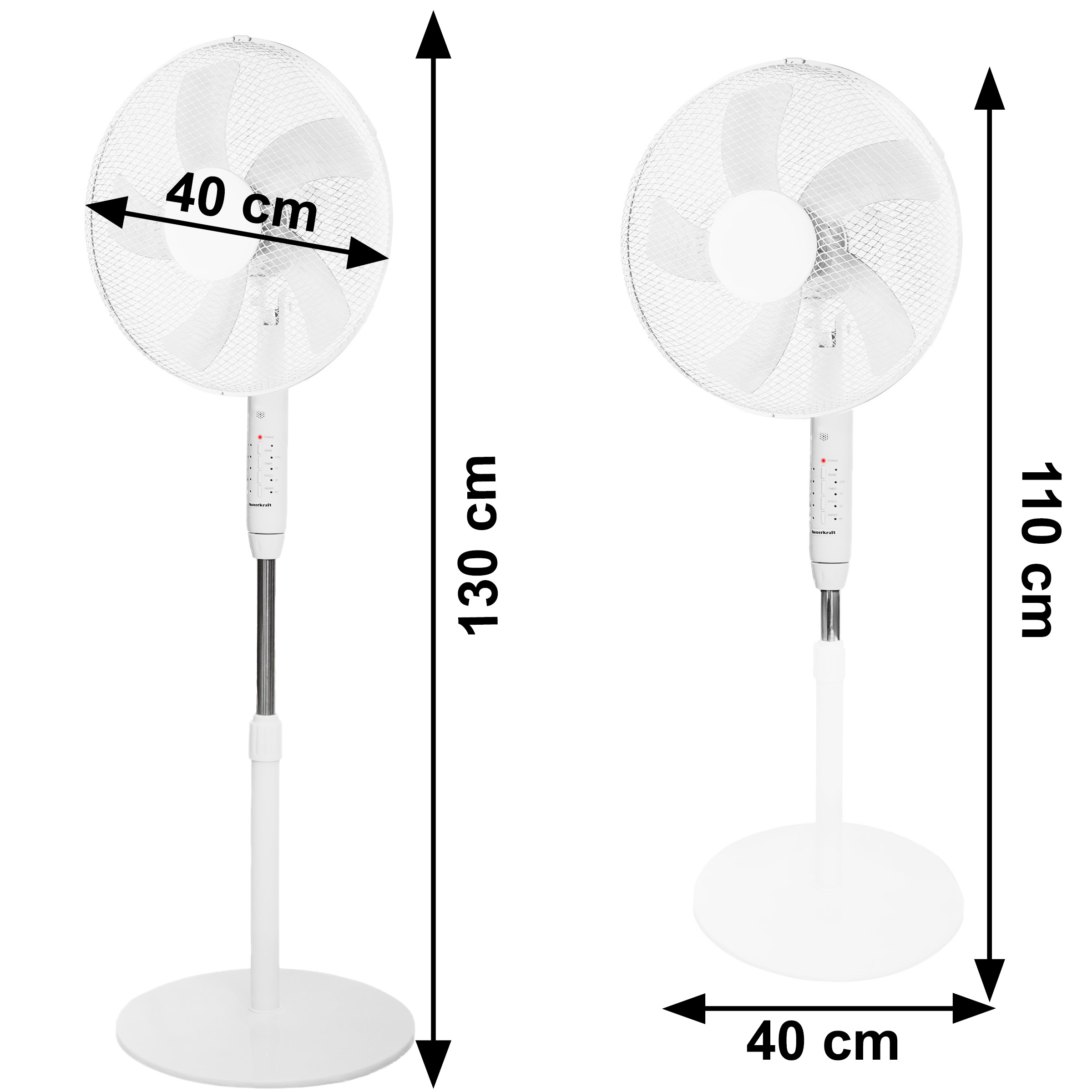 Dwa białe wentylatory stojące. Jeden ma 130 cm wysokości i 40 cm szerokości, drugi 110 cm wysokości.