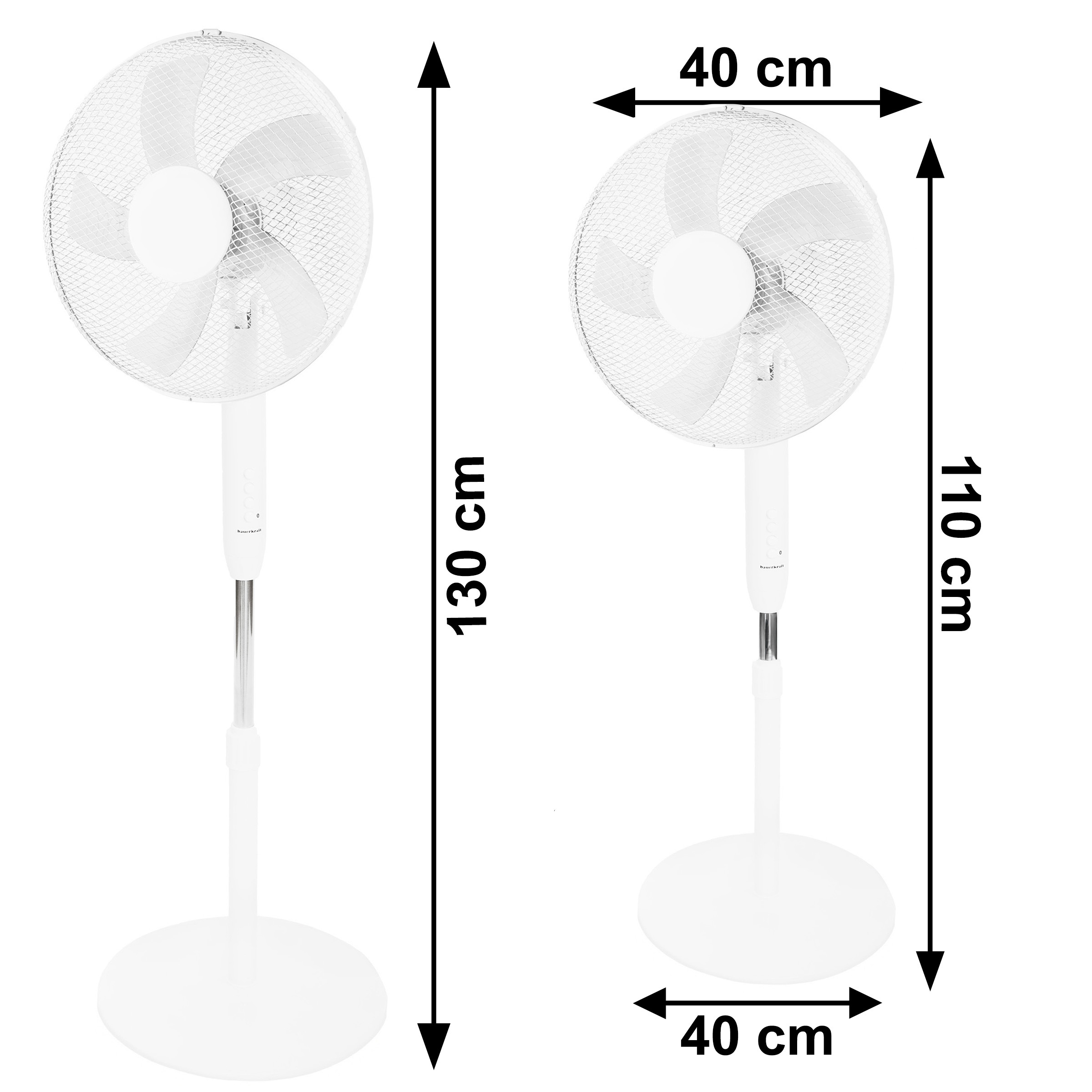 Dwa białe wentylatory stojące, jeden o wysokości 130 cm, drugi 110 cm.