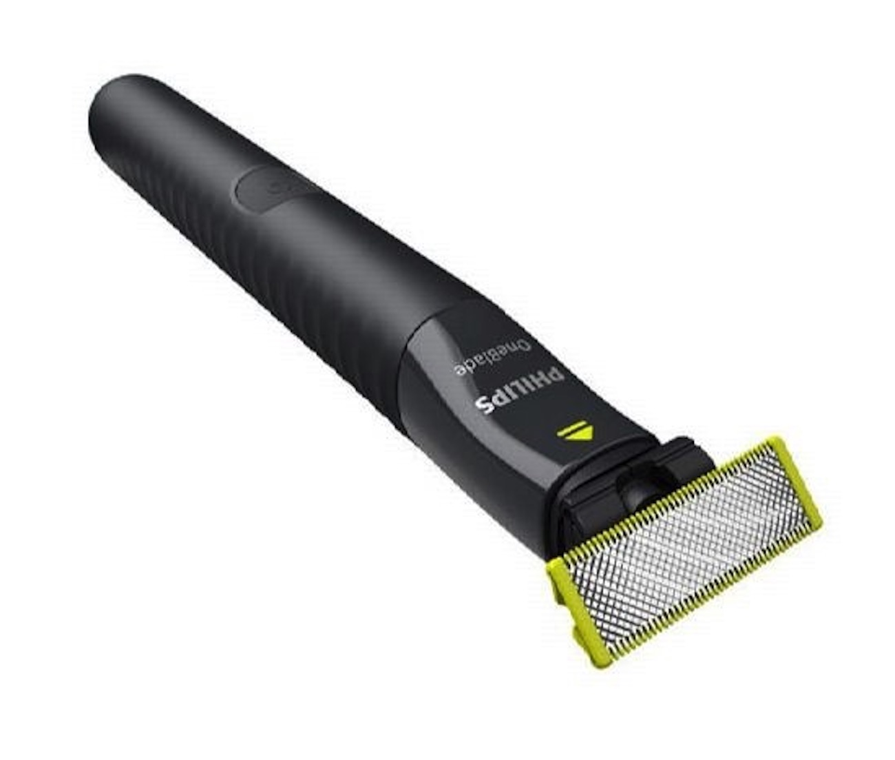 Czarna elektryczna maszynka Philips OneBlade z żółtą osłoną ostrza jest pokazana.