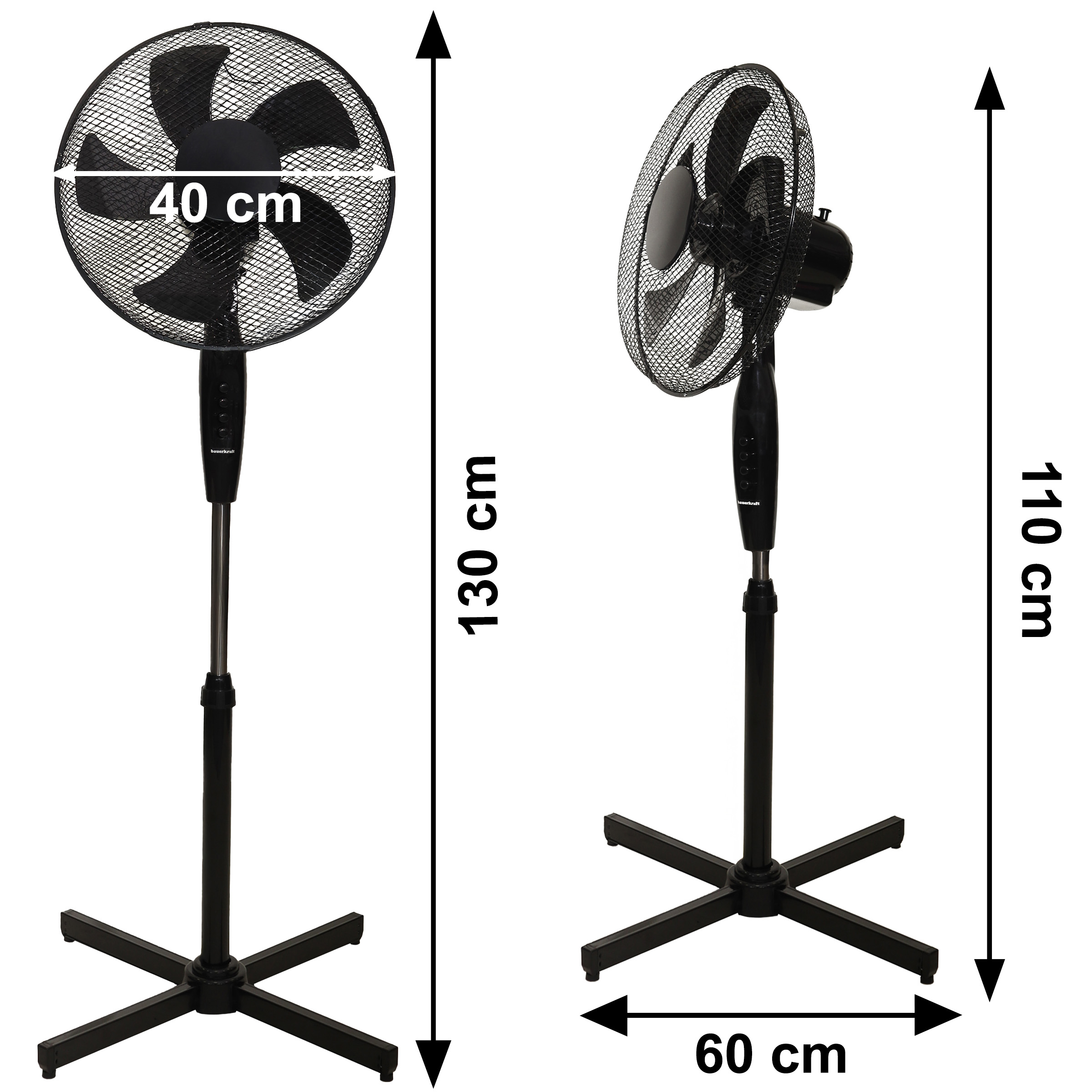 Czarny wentylator stojący o średnicy 40cm, wysokości 130cm i szerokości 60cm.