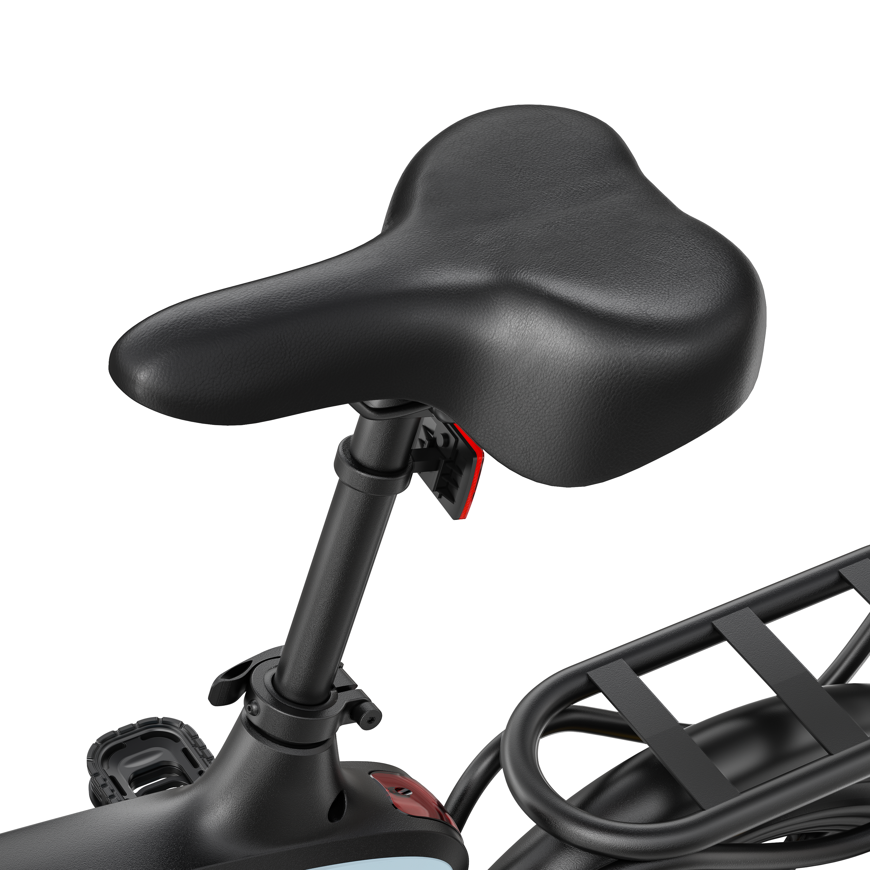 Sella da bicicletta nera con riflettore rosso e portapacchi.