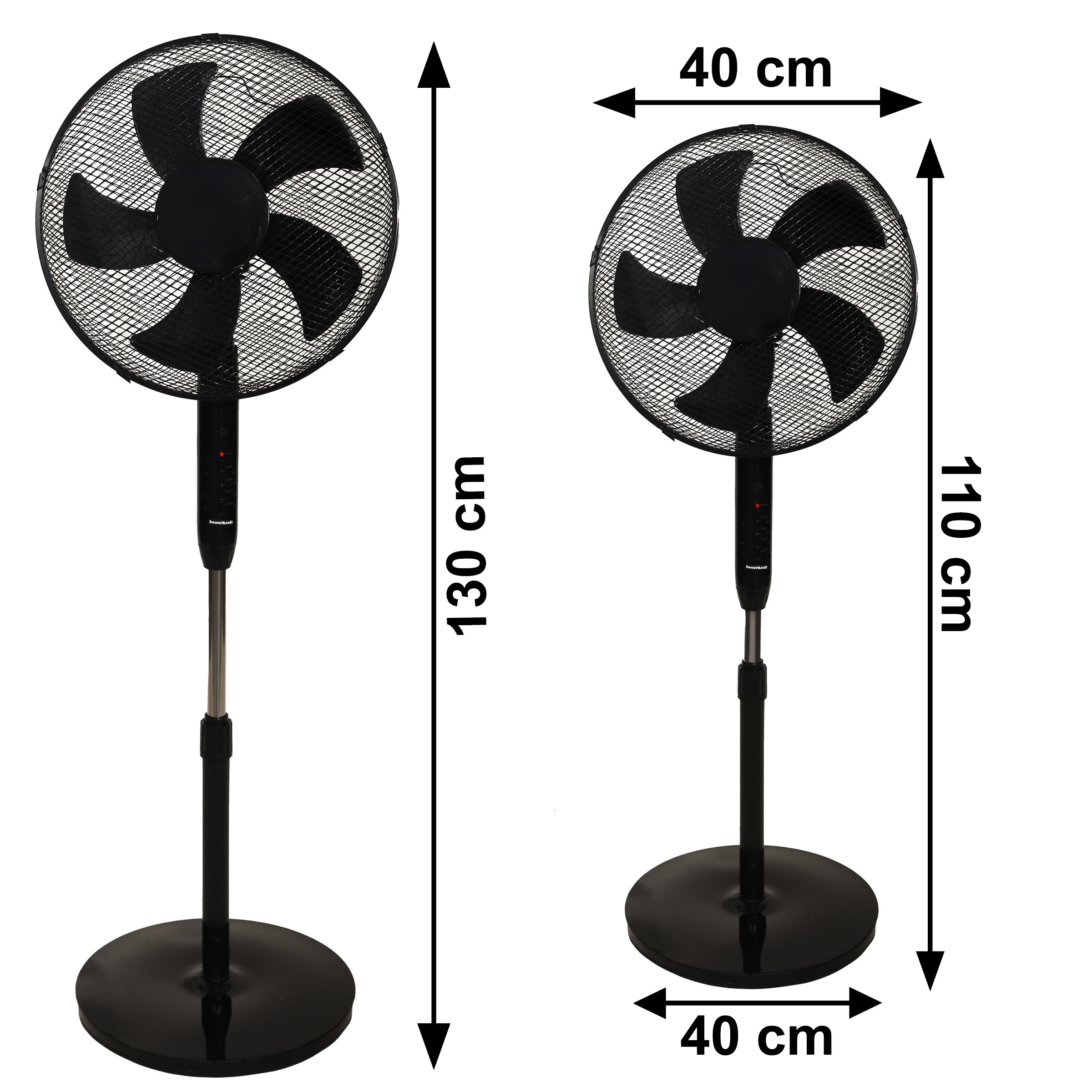 Dwa czarne wentylatory stojące, jeden o wysokości 130 cm, drugi 110 cm.