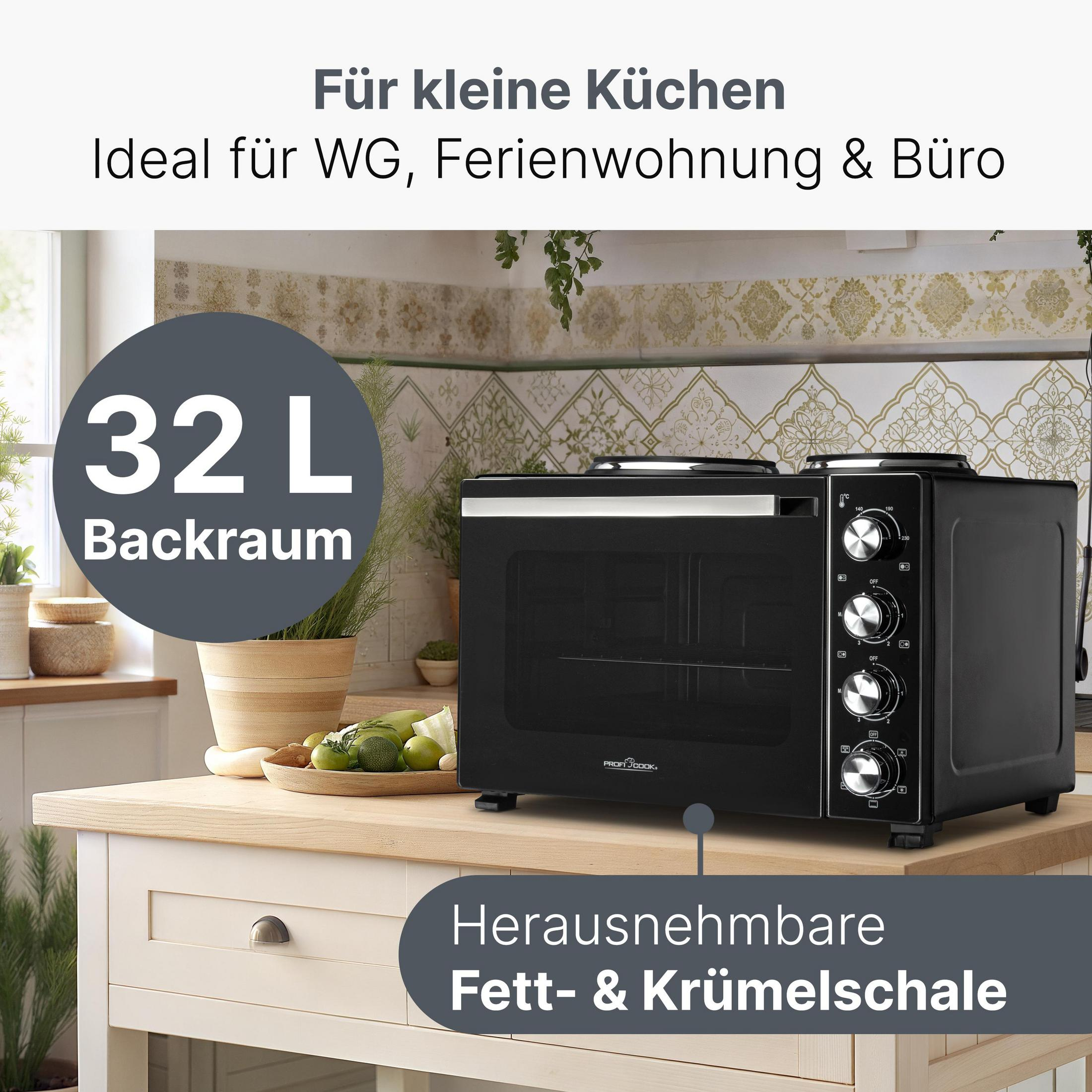 Schwarzer Tischbackofen mit 32L Garraum, ideal für kleine Küchen.
