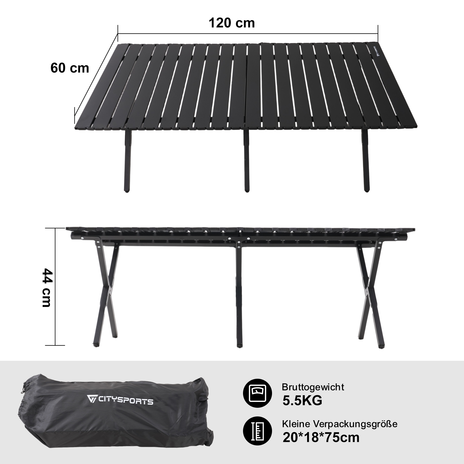 Table de camping noire, 120x60x44cm, avec sac de transport. Poids 5.5kg.