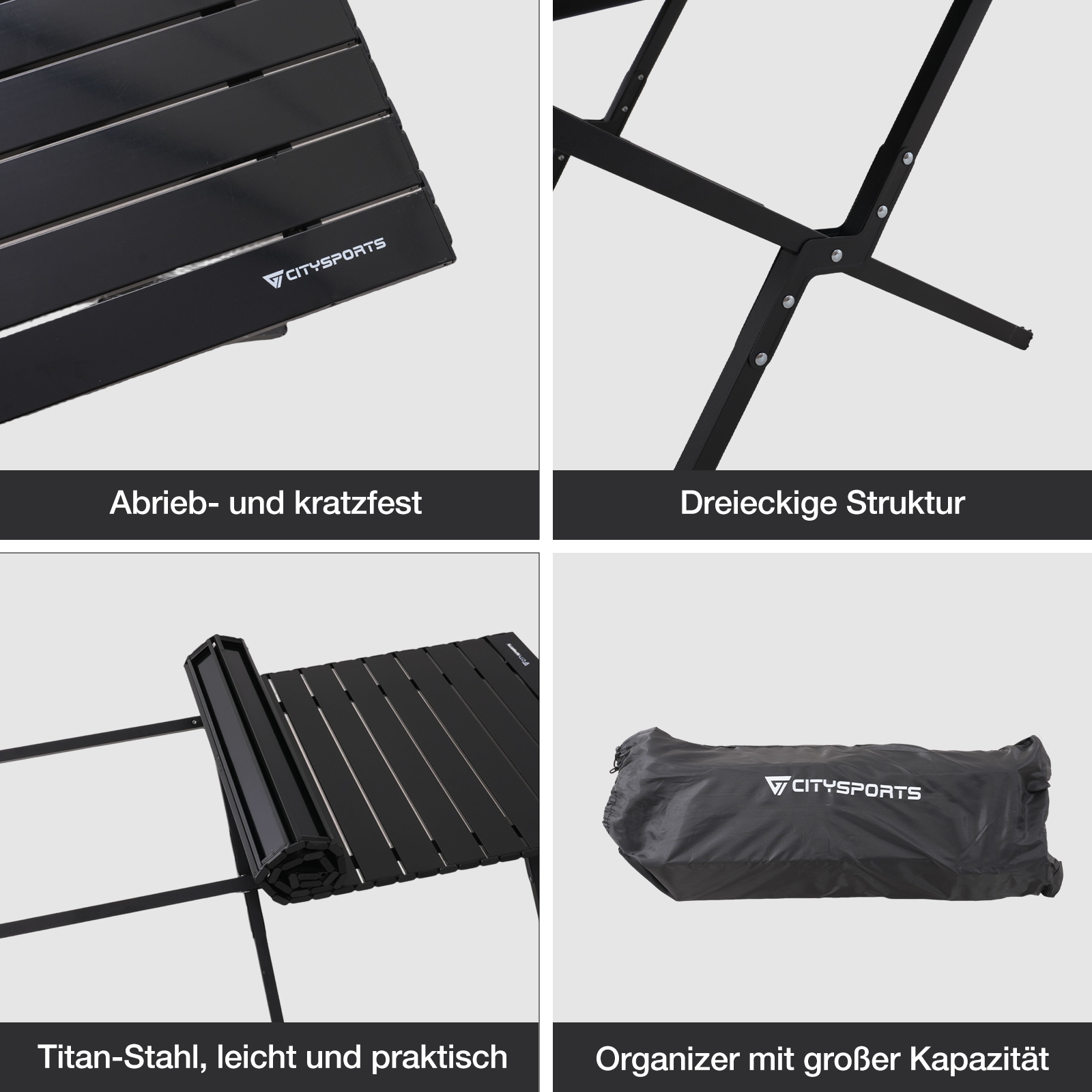 Quatre images montrent les détails d'une table pliante noire : plateau, cadre, table enroulée et sac.