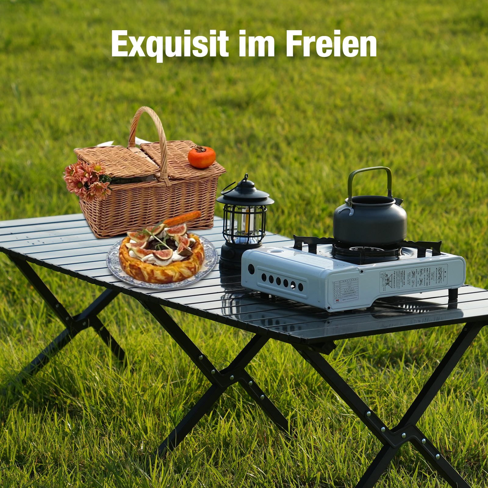 Table de pique-nique avec gâteau, panier, lanterne et réchaud de camping sur l'herbe.