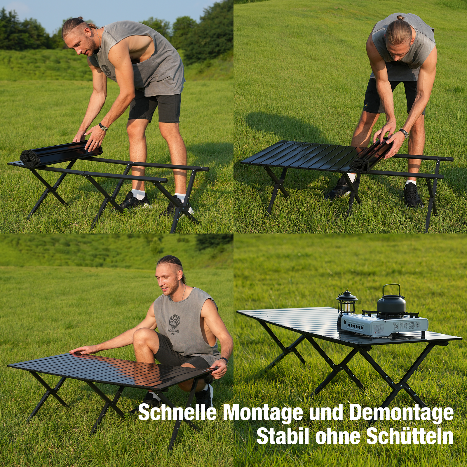 Un homme monte une table de camping noire; une cuisinière à gaz avec une bouilloire est à proximité.