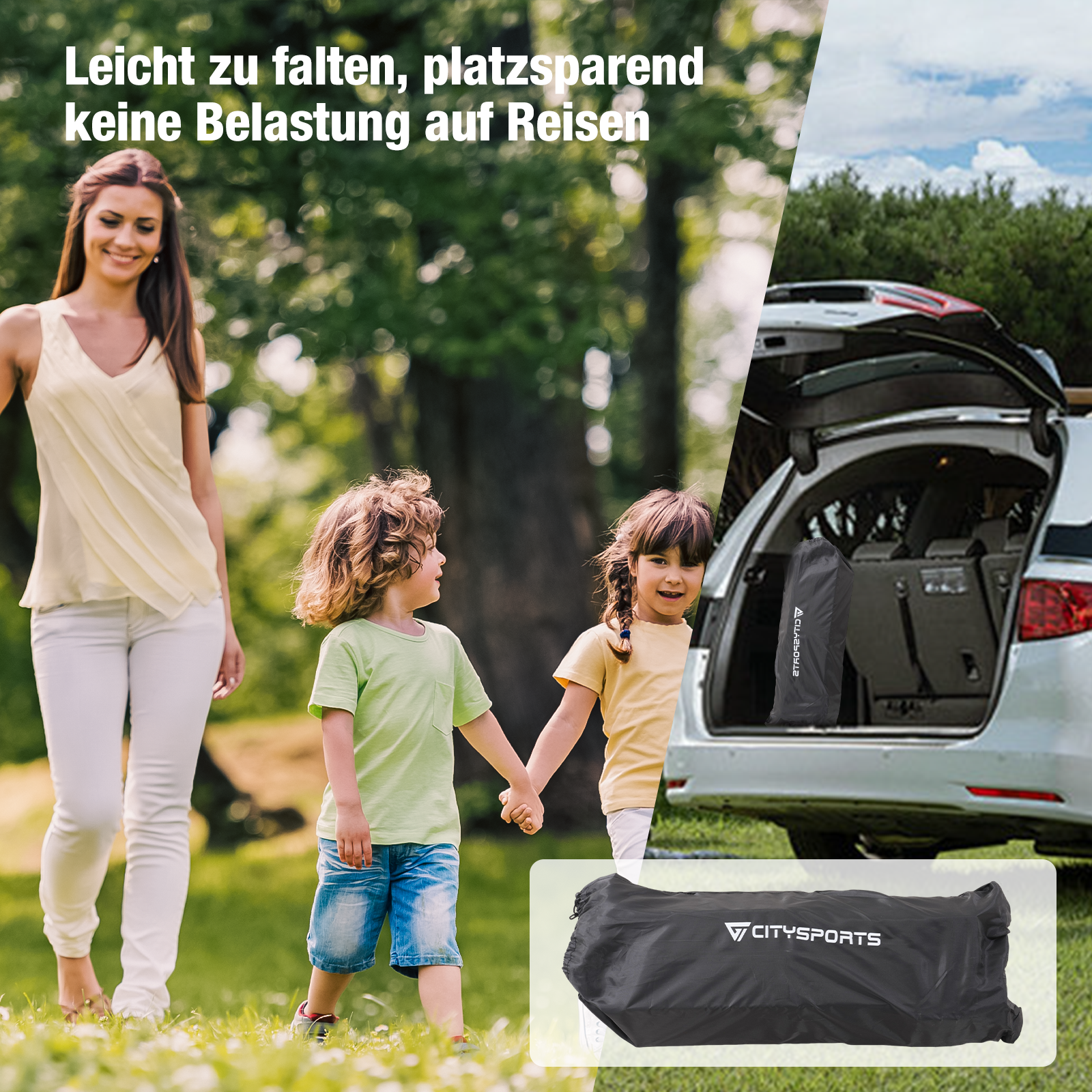 Mère et enfants se promènent dans le parc ; voiture avec coffre ouvert et sac.