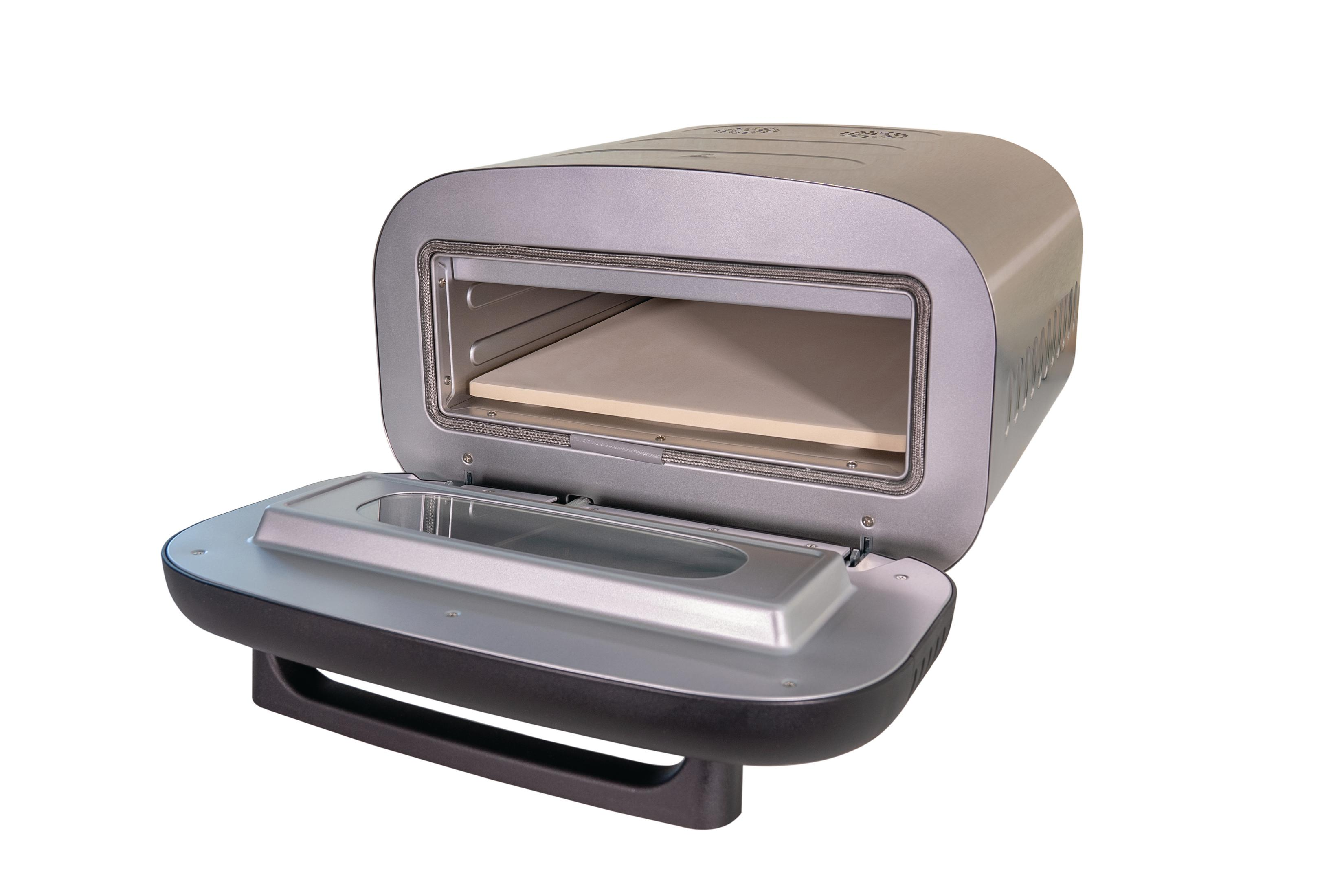 Un forno per pizza argento con lo sportello aperto, che mostra una pietra.