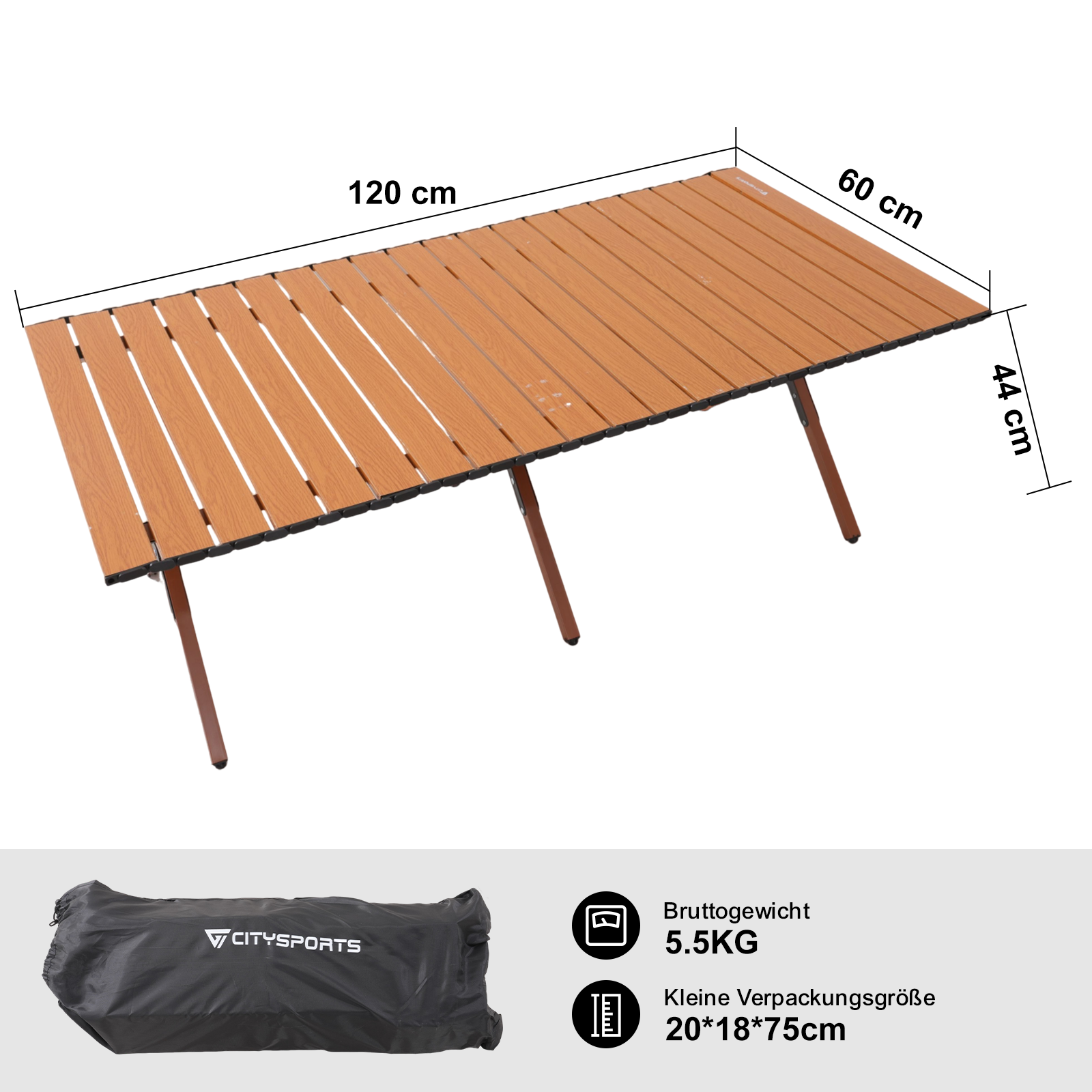 Une table pliante en bois, 120x60x44 cm, montrée pliée dans un sac noir avec logo.